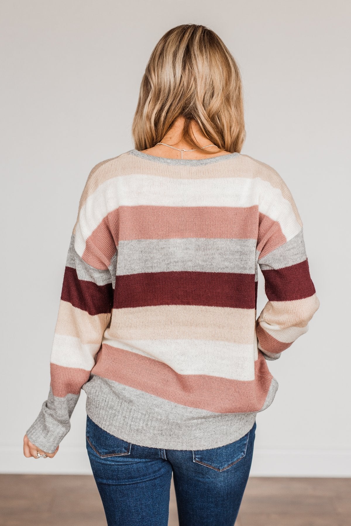 Feeling Frosty Striped Sweater- Grey, Cream & Mauve