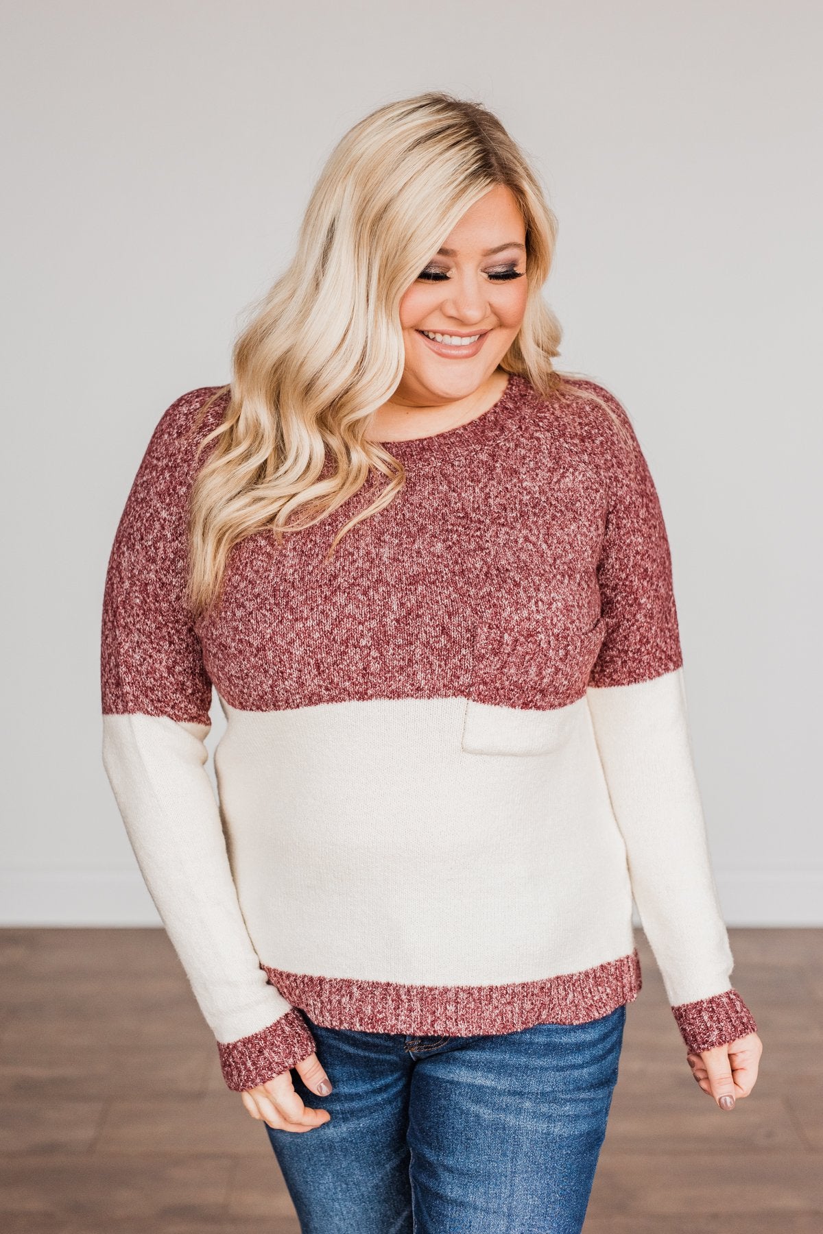 On The Daily Pocket Sweater- Burgundy & Oatmeal