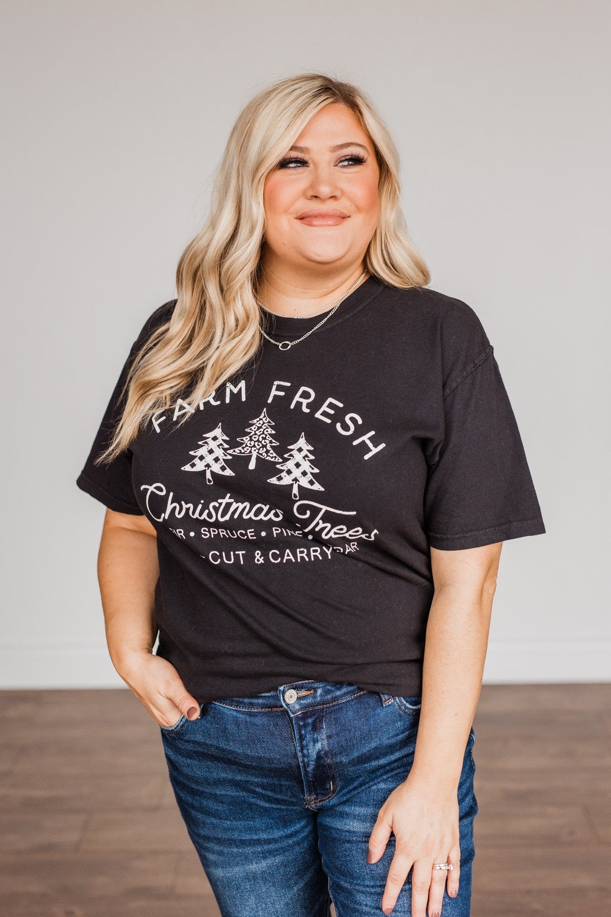 Festive "Farm Fresh Christmas Tree" Graphic Tee- Black