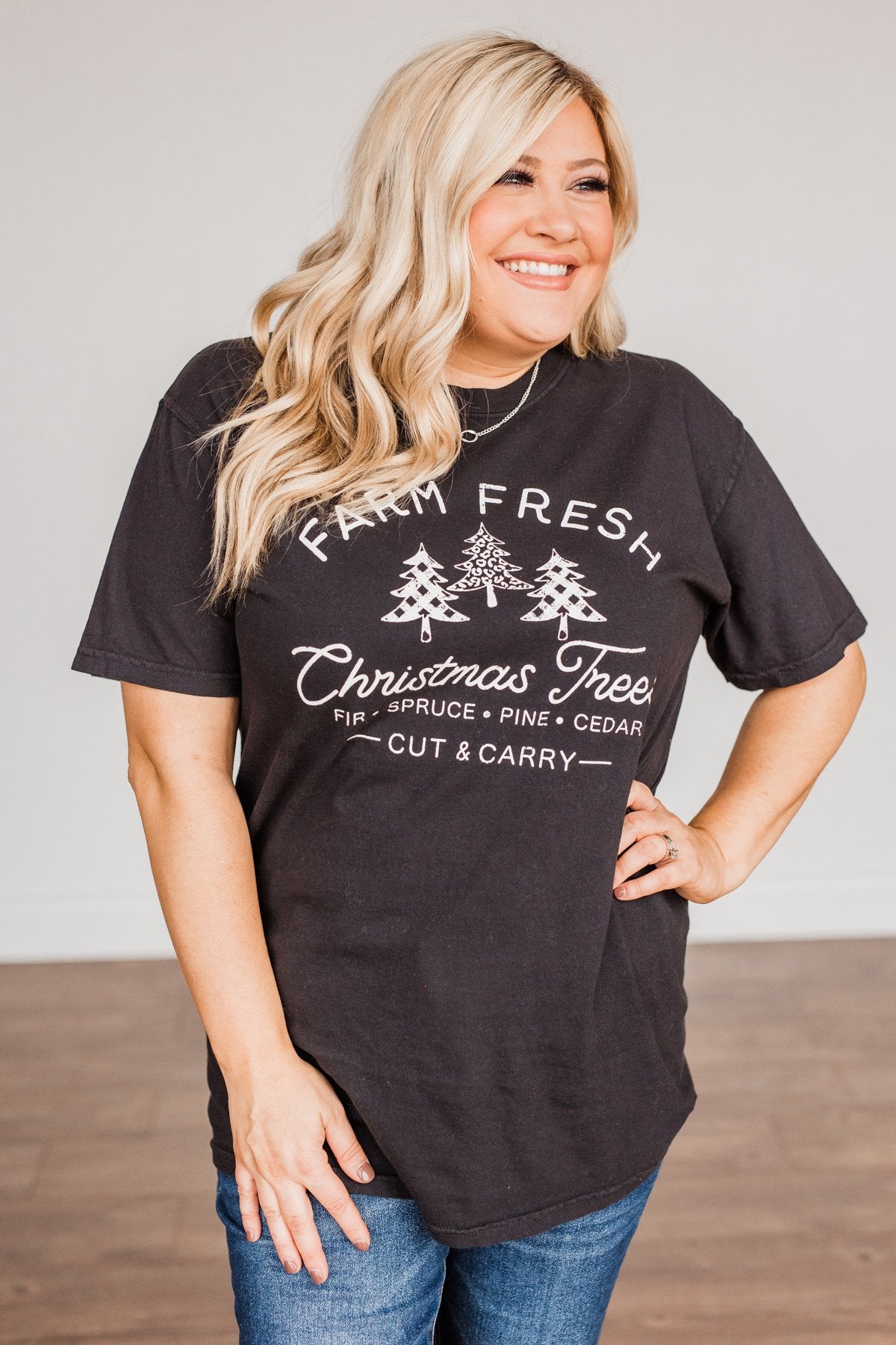 Festive "Farm Fresh Christmas Tree" Graphic Tee- Black