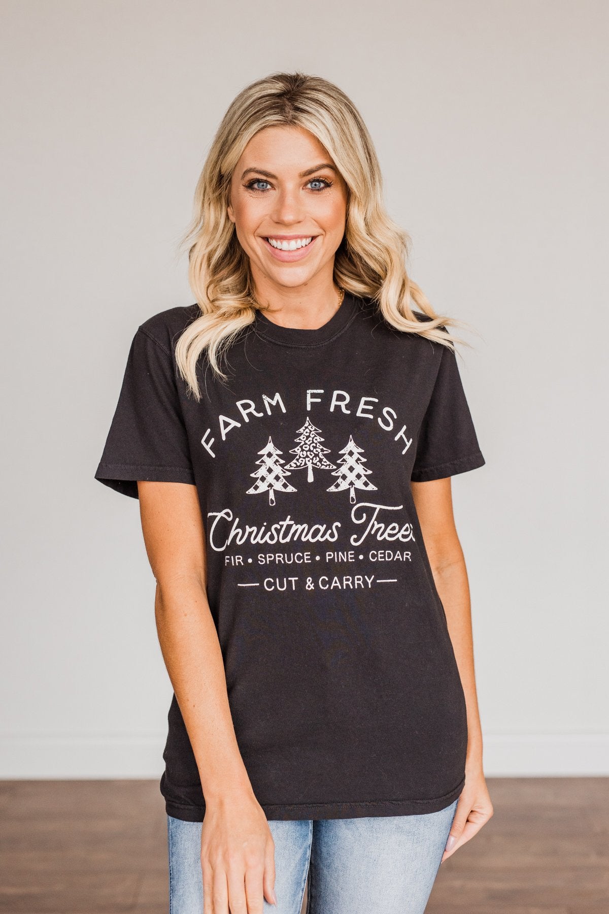 Festive "Farm Fresh Christmas Tree" Graphic Tee- Black