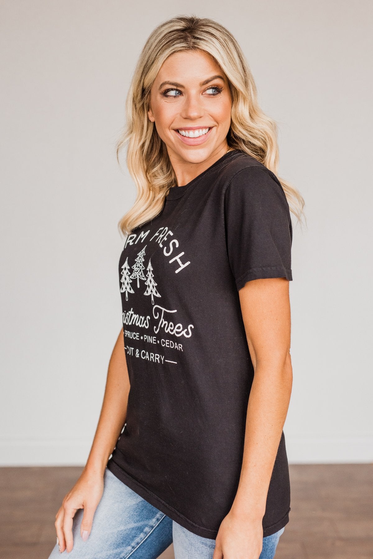 Festive "Farm Fresh Christmas Tree" Graphic Tee- Black