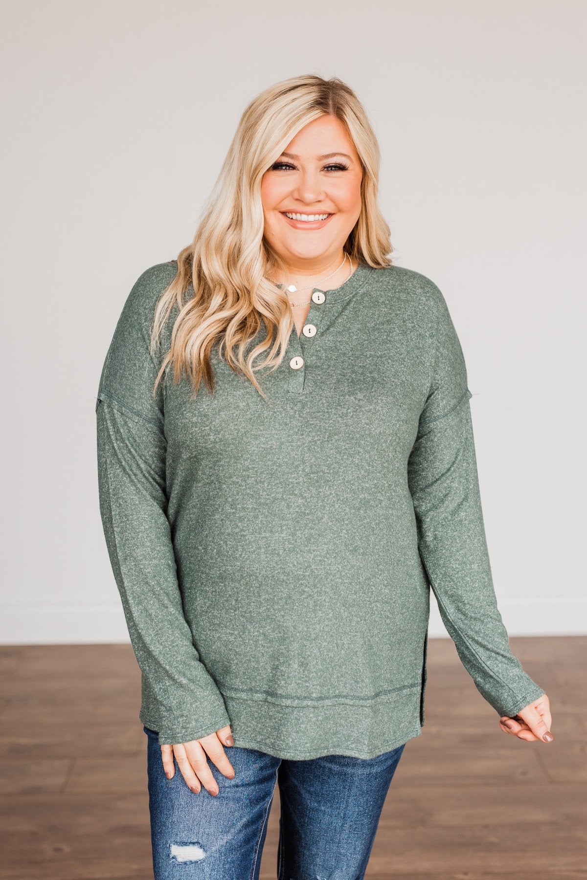 Soft Gazes Button Long Sleeve Top- Hunter Green
