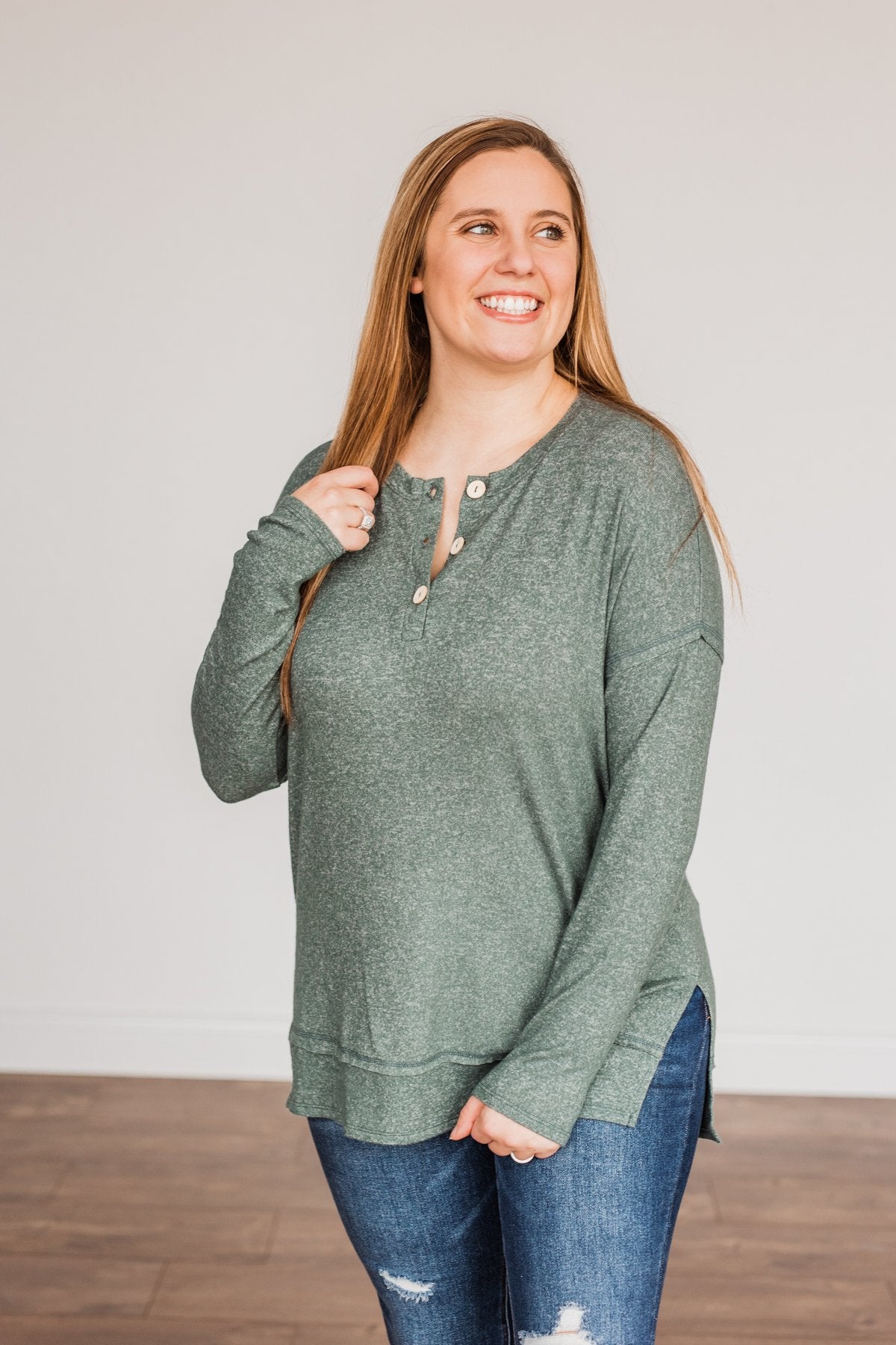 Soft Gazes Button Long Sleeve Top- Hunter Green