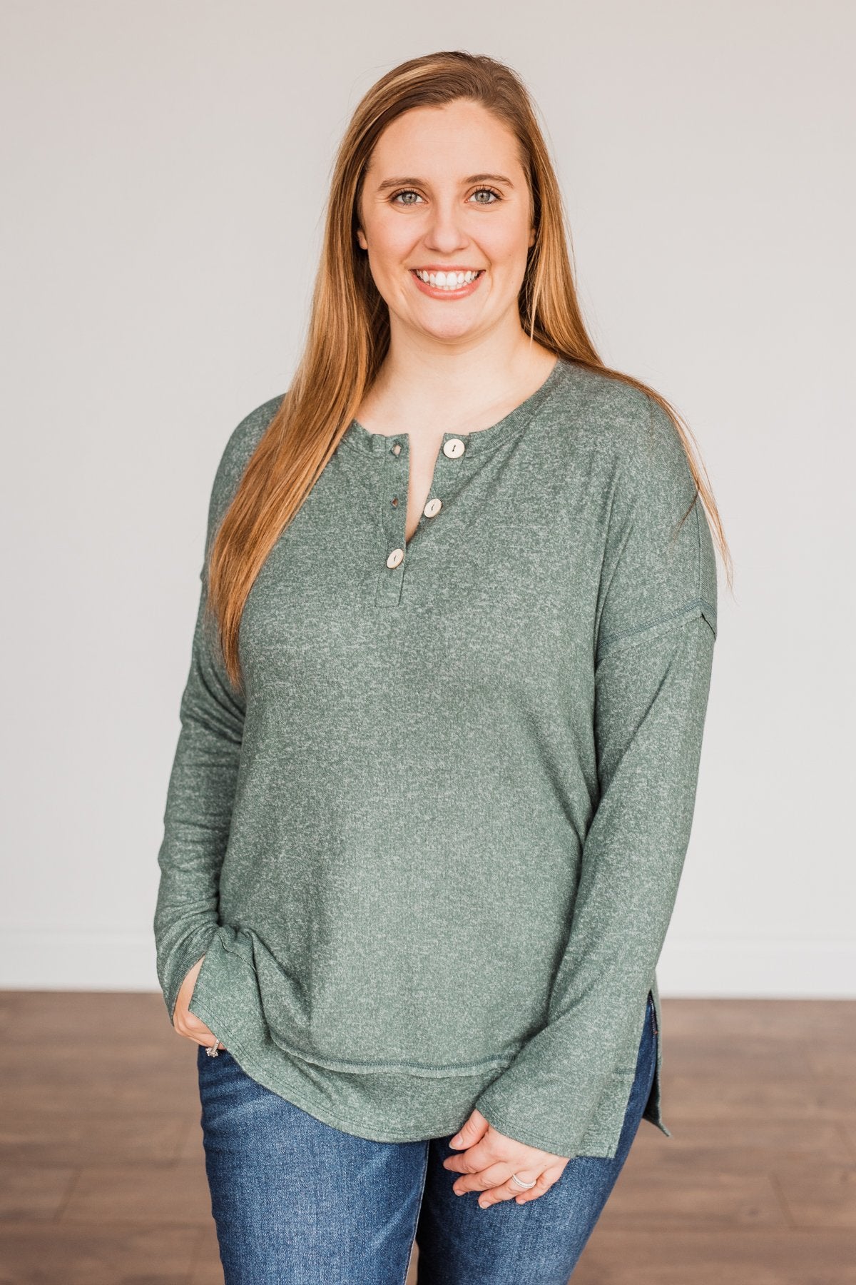 Soft Gazes Button Long Sleeve Top- Hunter Green