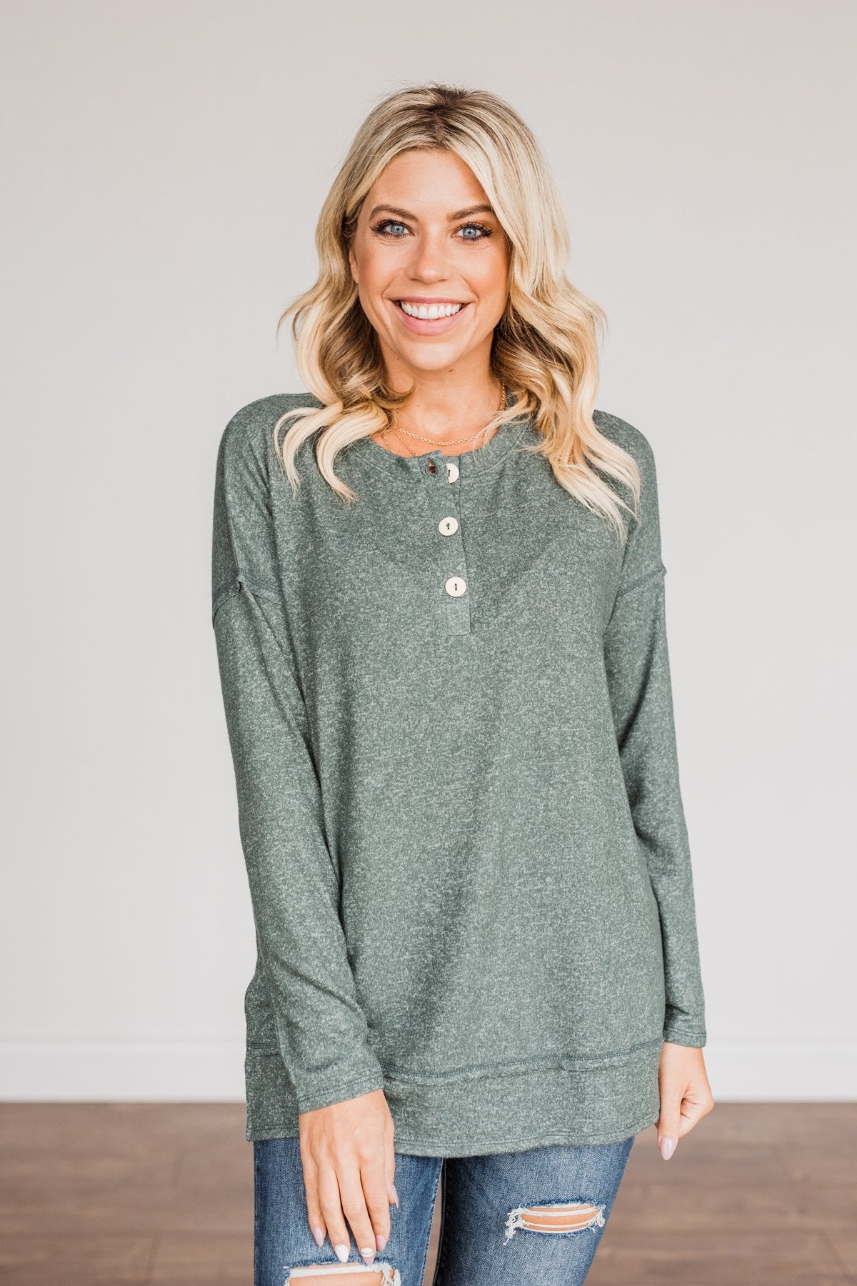 Soft Gazes Button Long Sleeve Top- Hunter Green