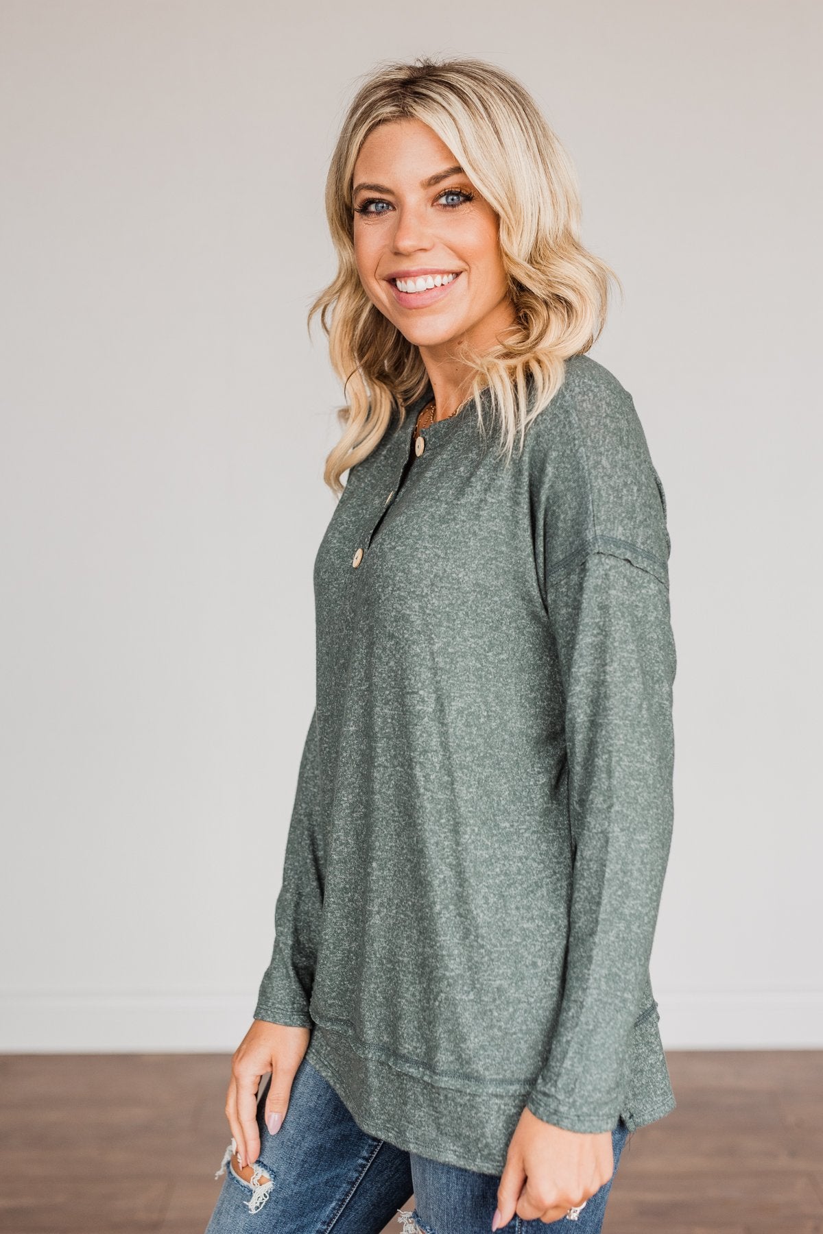 Soft Gazes Button Long Sleeve Top- Hunter Green
