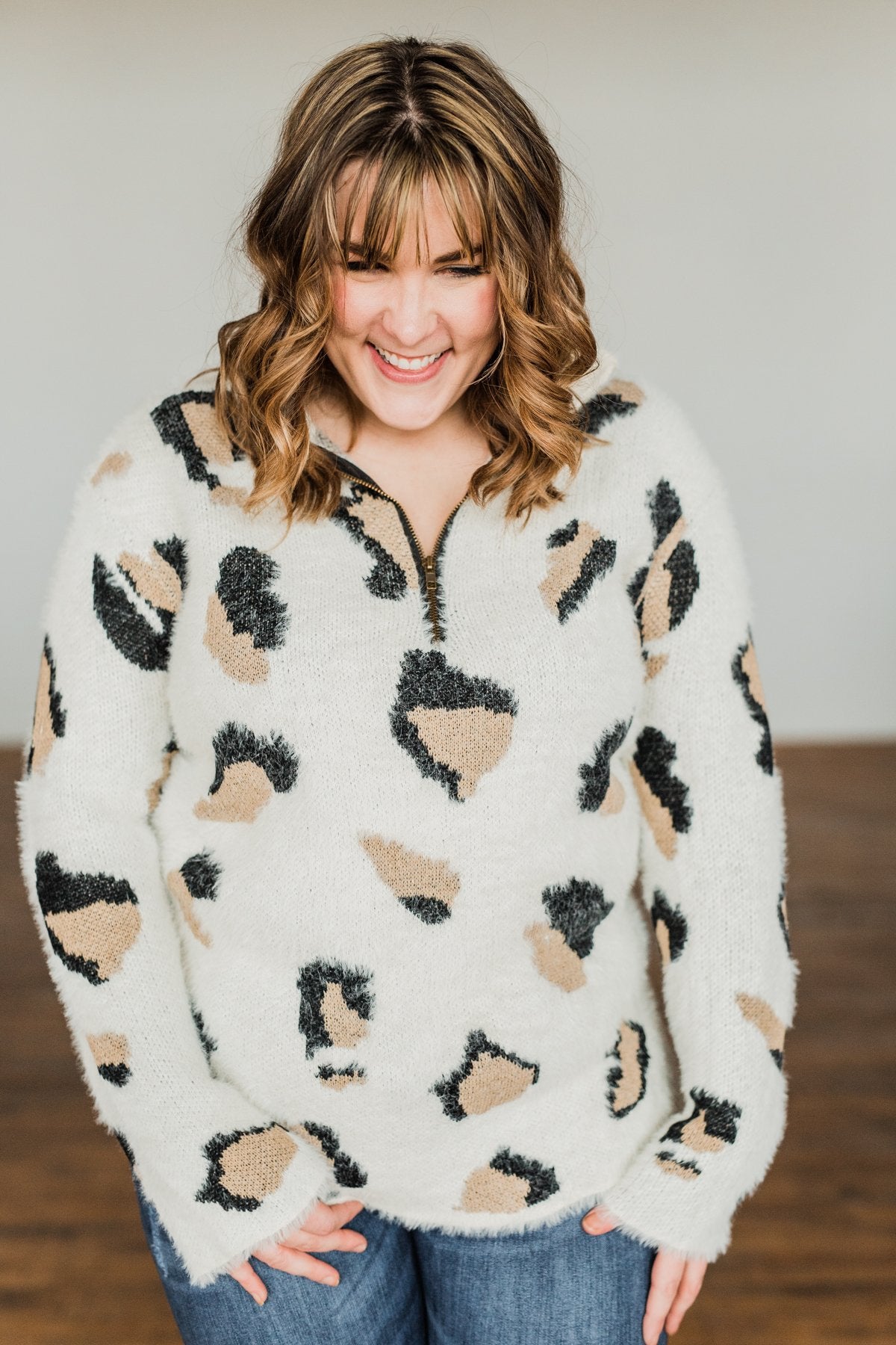 Wild One Animal Print Quarter Zip Pullover- Ivory, Black, Taupe