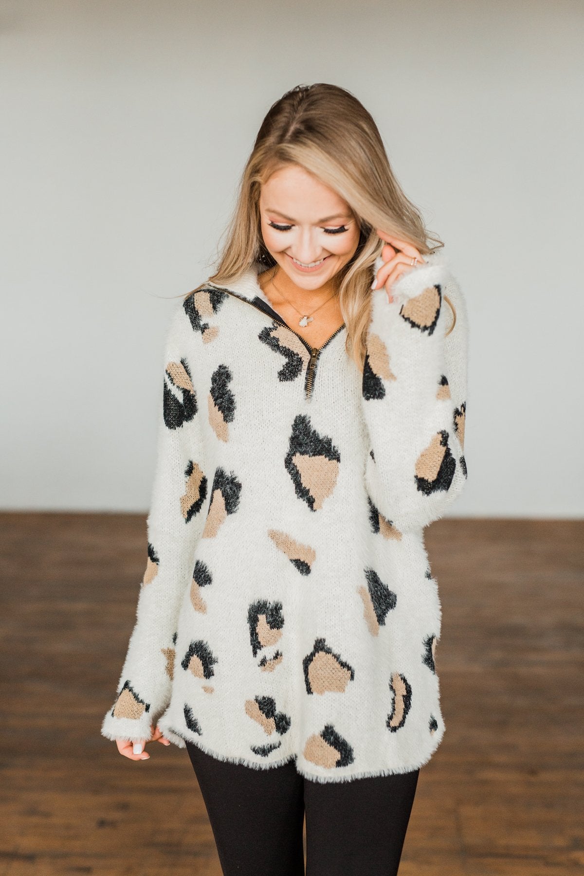 Wild One Animal Print Quarter Zip Pullover- Ivory, Black, Taupe