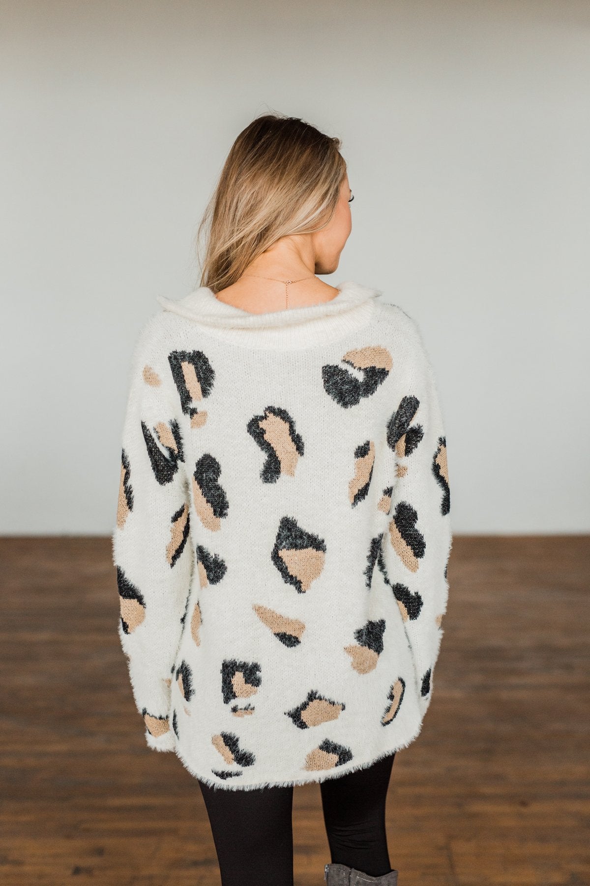 Wild One Animal Print Quarter Zip Pullover- Ivory, Black, Taupe