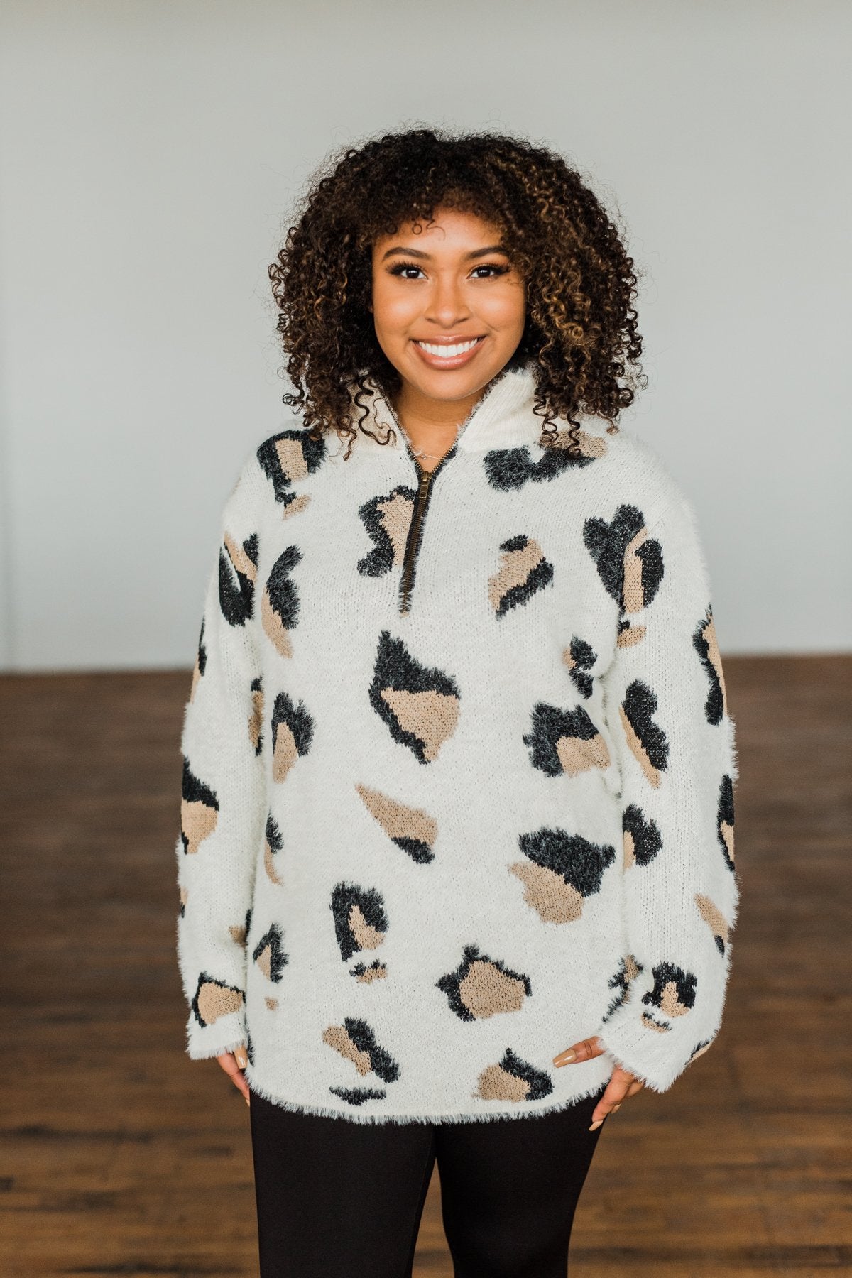 Wild One Animal Print Quarter Zip Pullover- Ivory, Black, Taupe