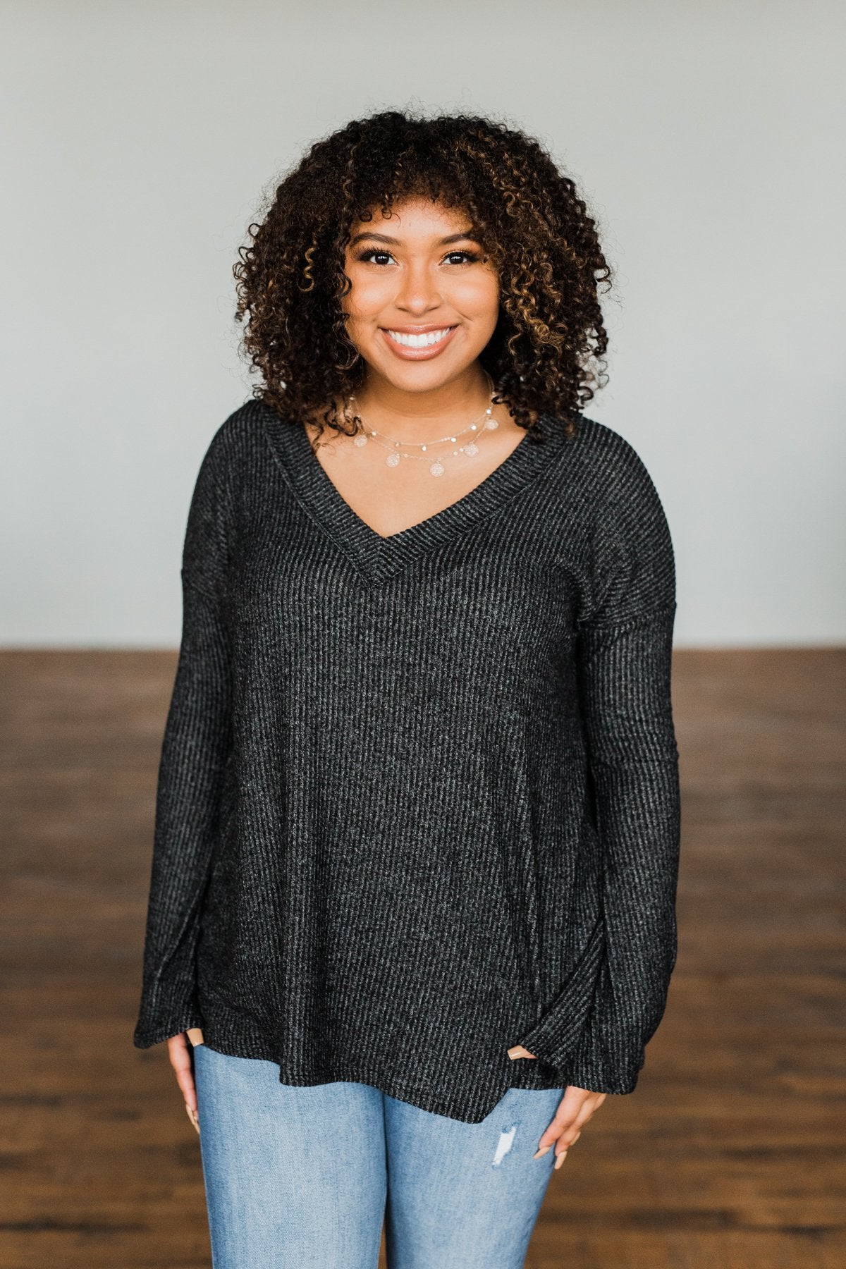 Majestic Mornings Knit V-Neck Sweater- Charcoal