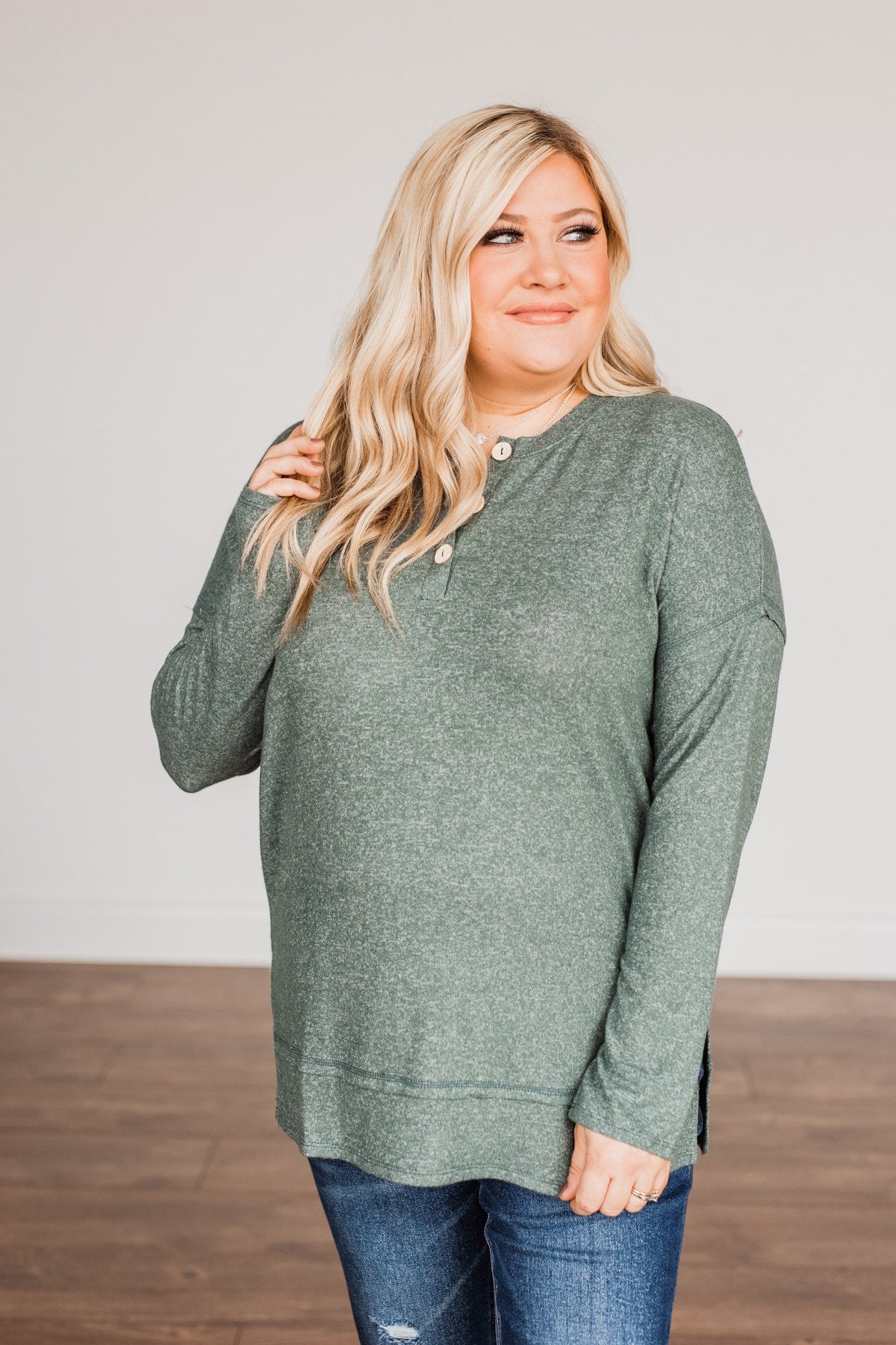 Soft Gazes Button Long Sleeve Top- Hunter Green