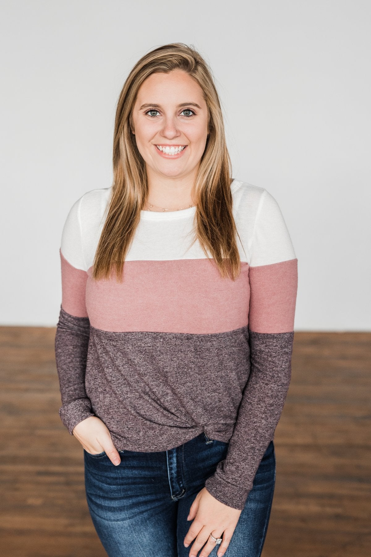 Lookin' Cute In A Color Block Top- Ivory, Dusty Mauve, Plum