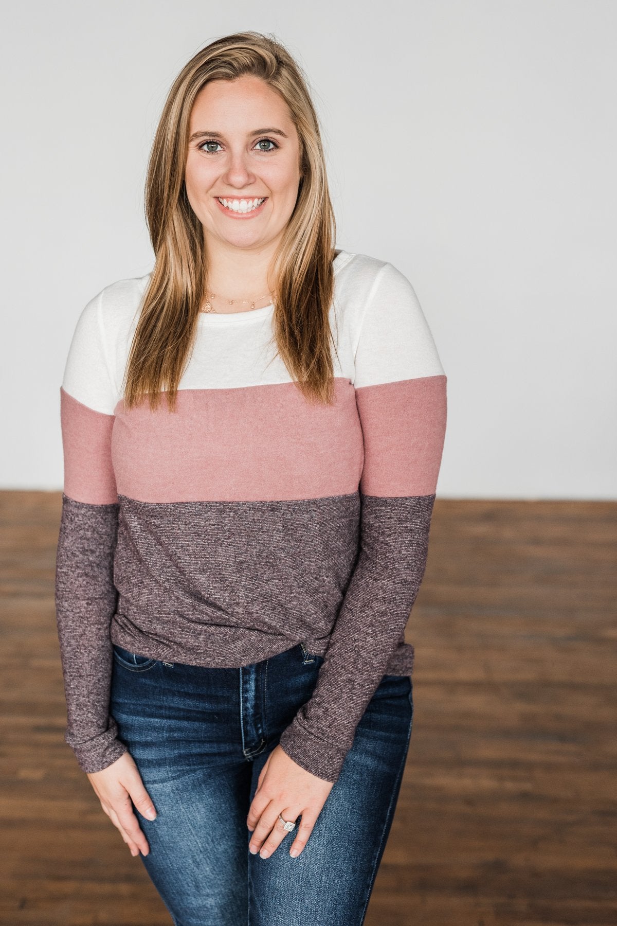 Lookin' Cute In A Color Block Top- Ivory, Dusty Mauve, Plum