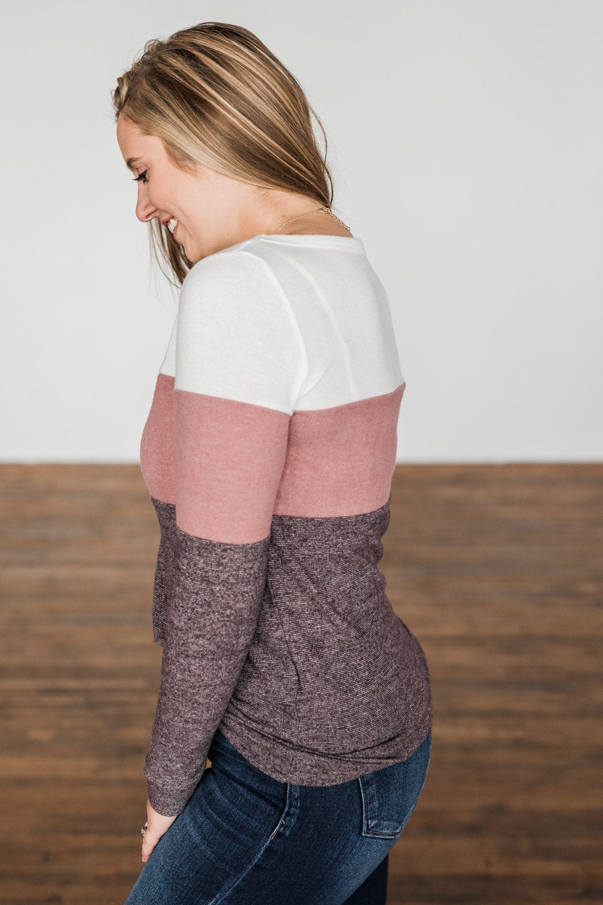 Lookin' Cute In A Color Block Top- Ivory, Dusty Mauve, Plum