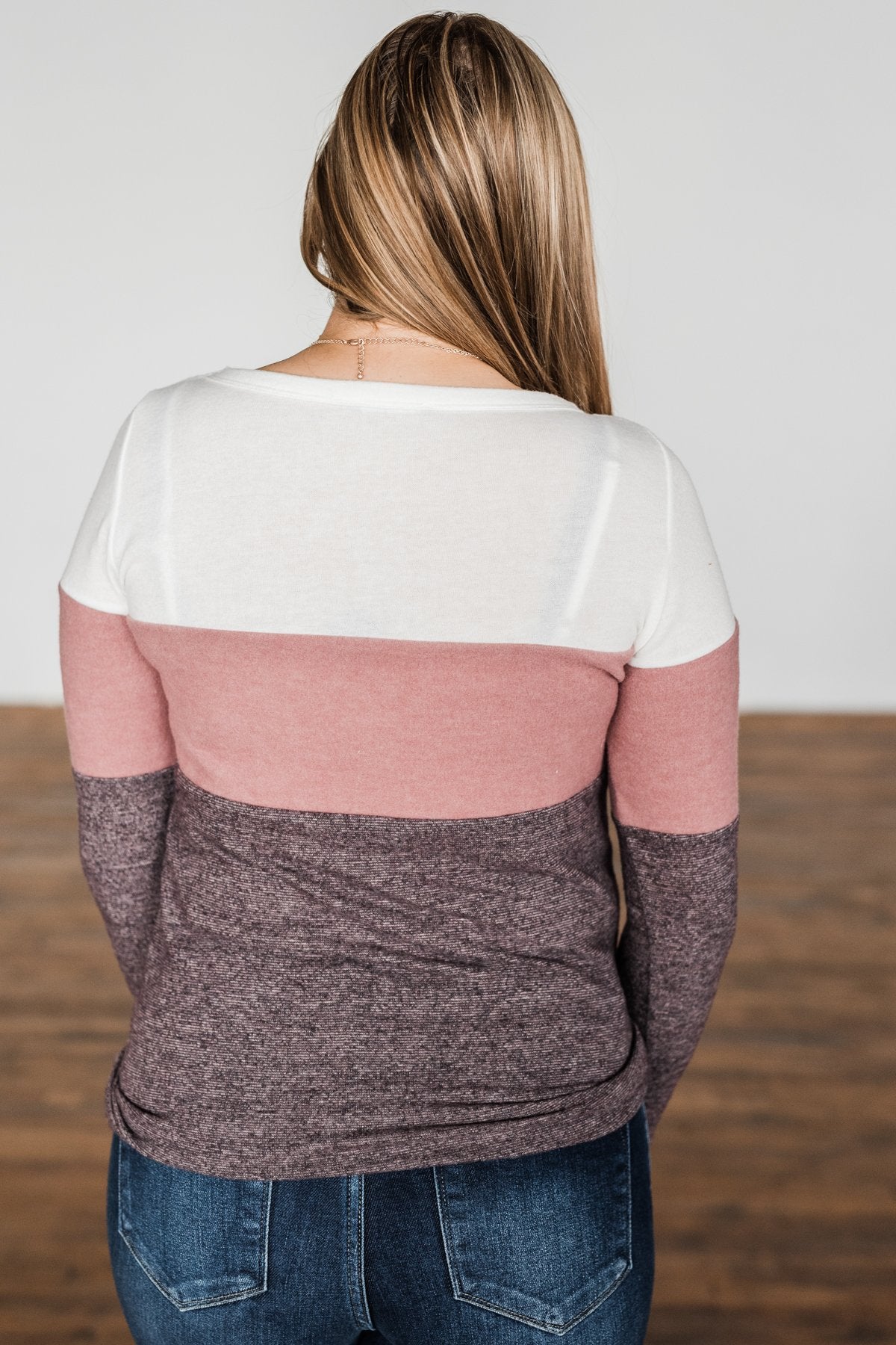 Lookin' Cute In A Color Block Top- Ivory, Dusty Mauve, Plum