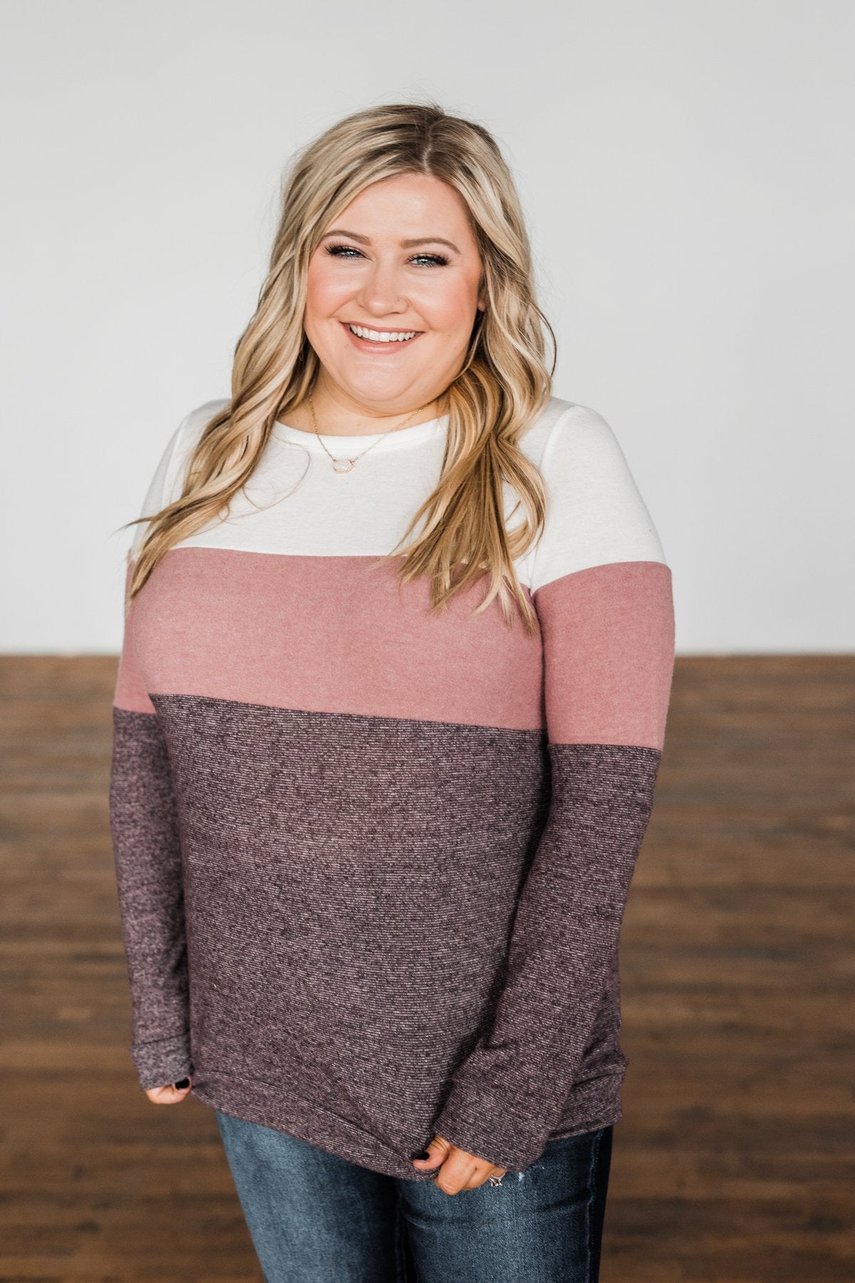 Lookin' Cute In A Color Block Top- Ivory, Dusty Mauve, Plum