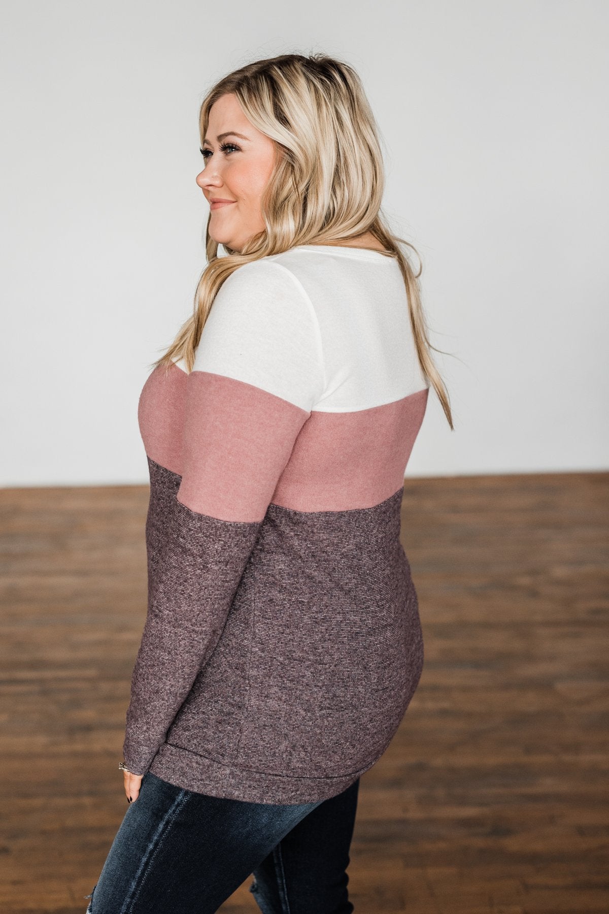 Lookin' Cute In A Color Block Top- Ivory, Dusty Mauve, Plum