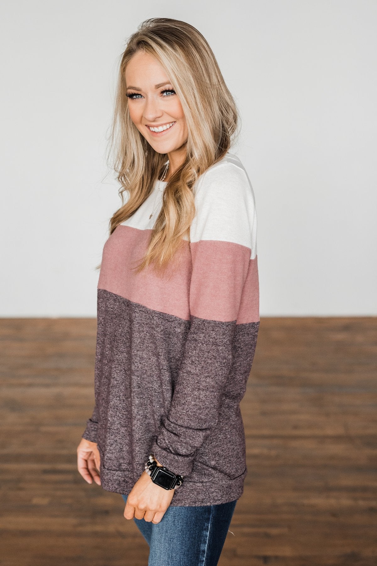Lookin' Cute In A Color Block Top- Ivory, Dusty Mauve, Plum