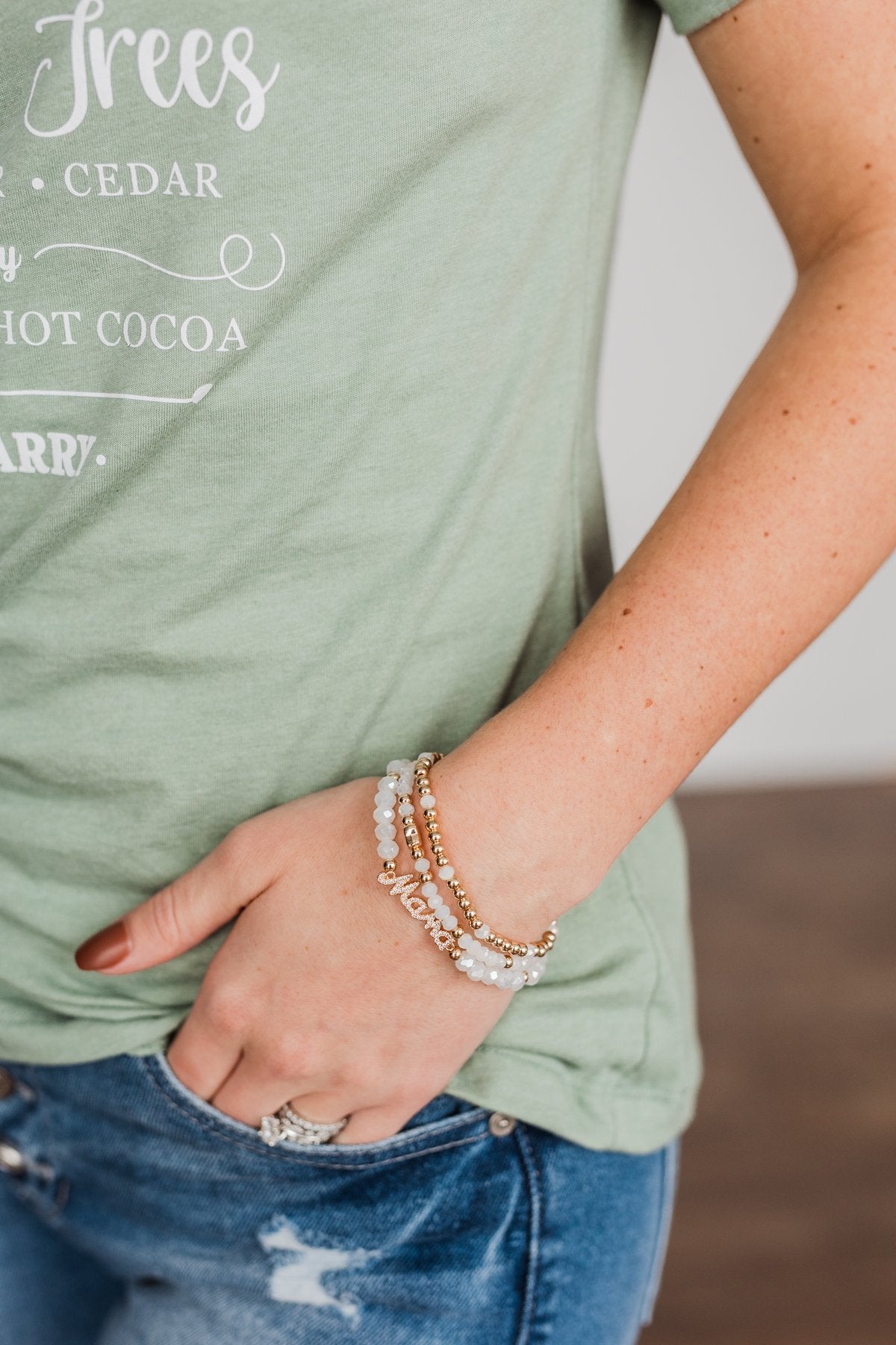 Dazzling "Mama" 3-Piece Bracelet Set- White