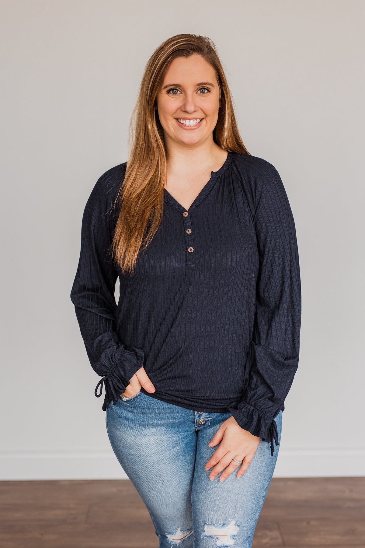 Sail Away With Me Knit Button Top- Navy