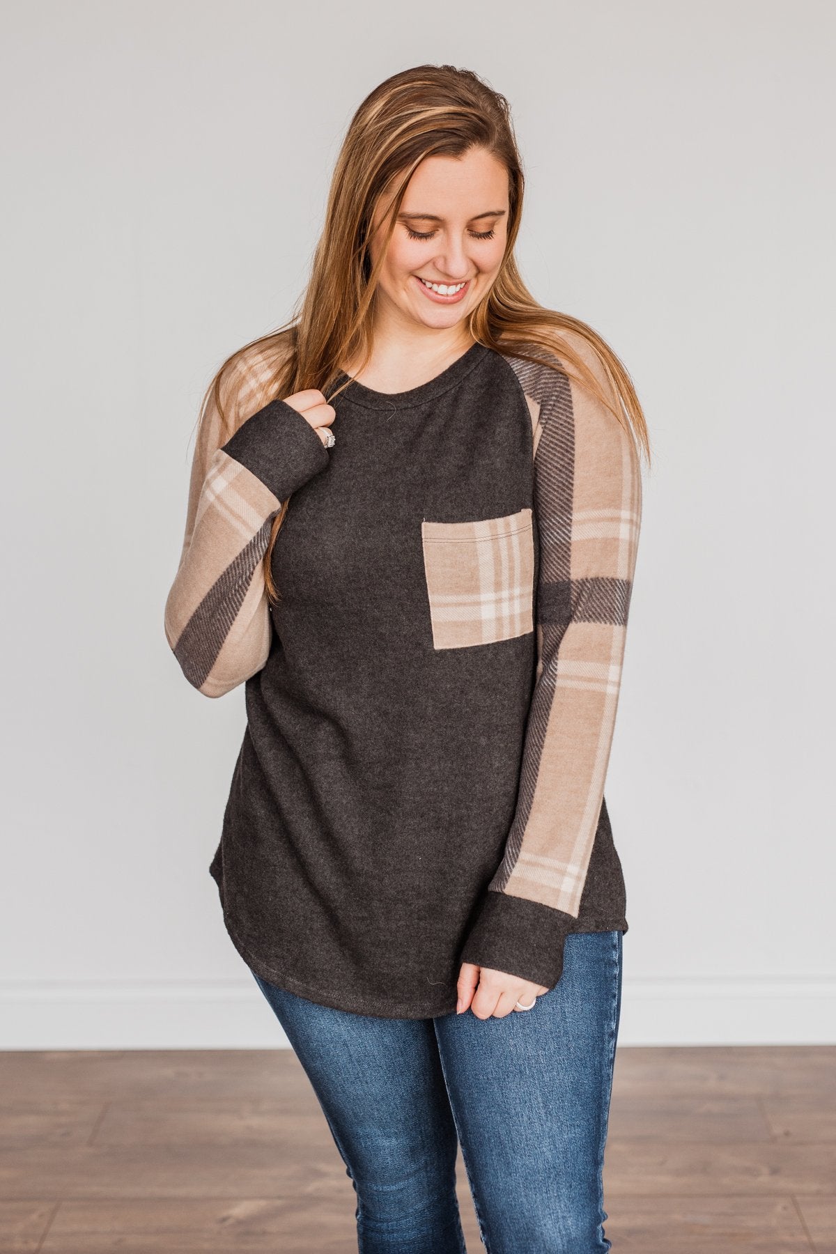 Late Nights In Plaid Pocket Top- Taupe & Charcoal