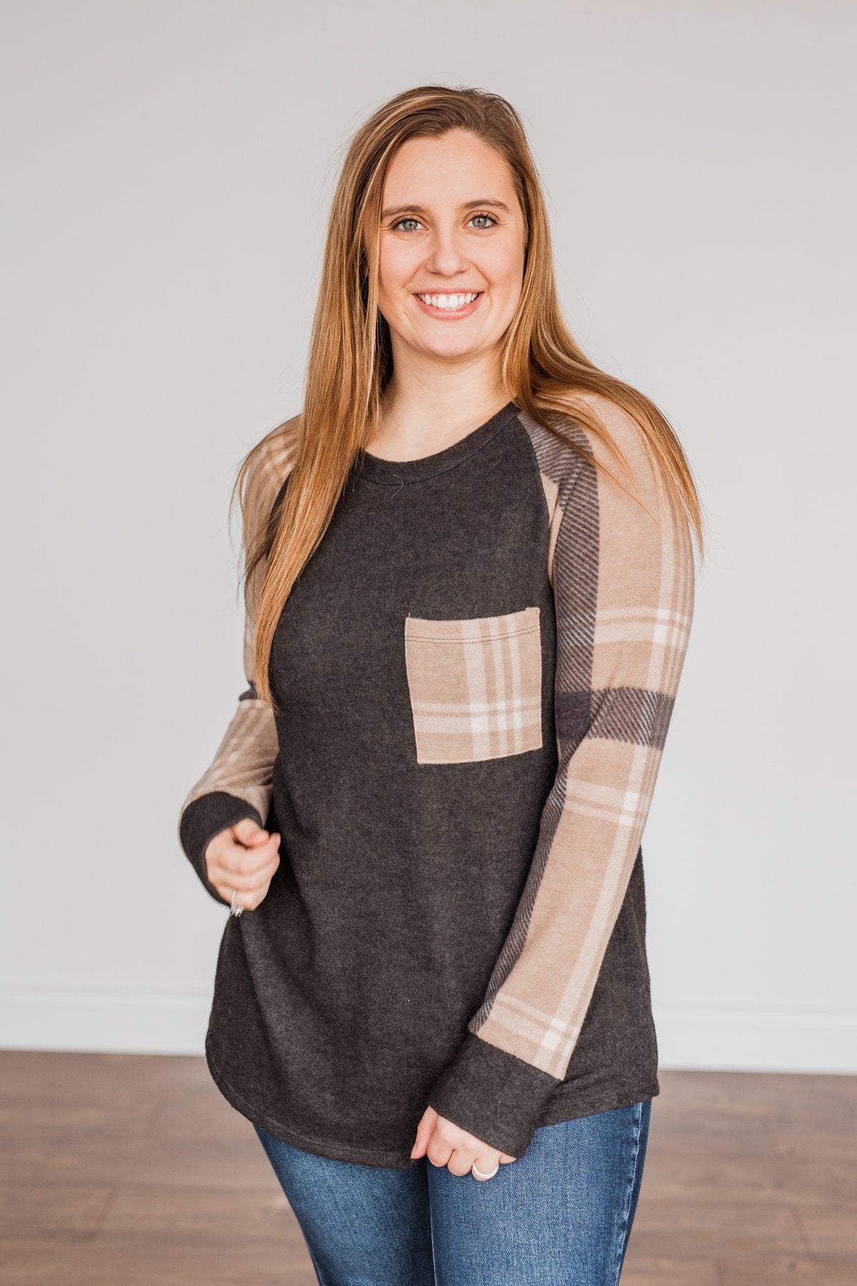 Late Nights In Plaid Pocket Top- Taupe & Charcoal