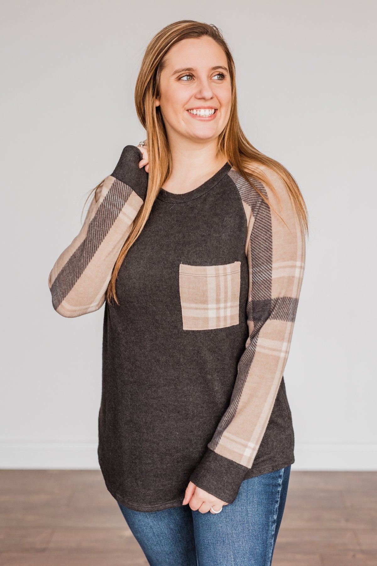 Late Nights In Plaid Pocket Top- Taupe & Charcoal