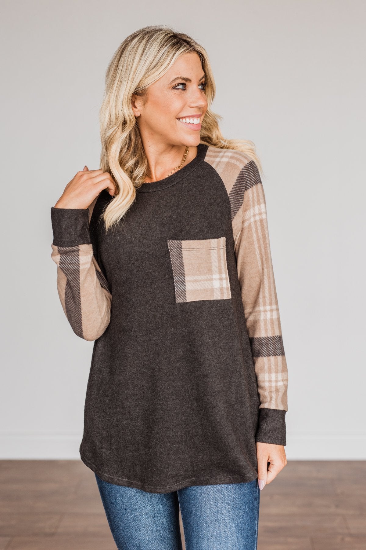 Late Nights In Plaid Pocket Top- Taupe & Charcoal