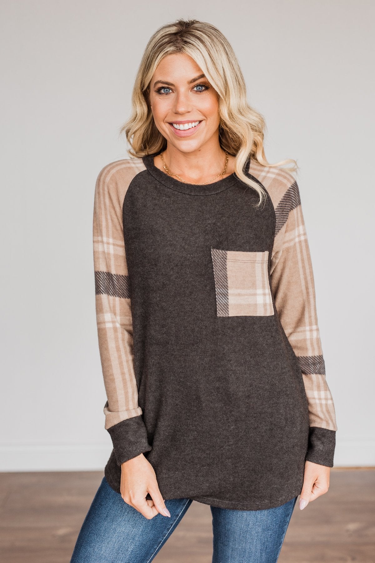 Late Nights In Plaid Pocket Top- Taupe & Charcoal