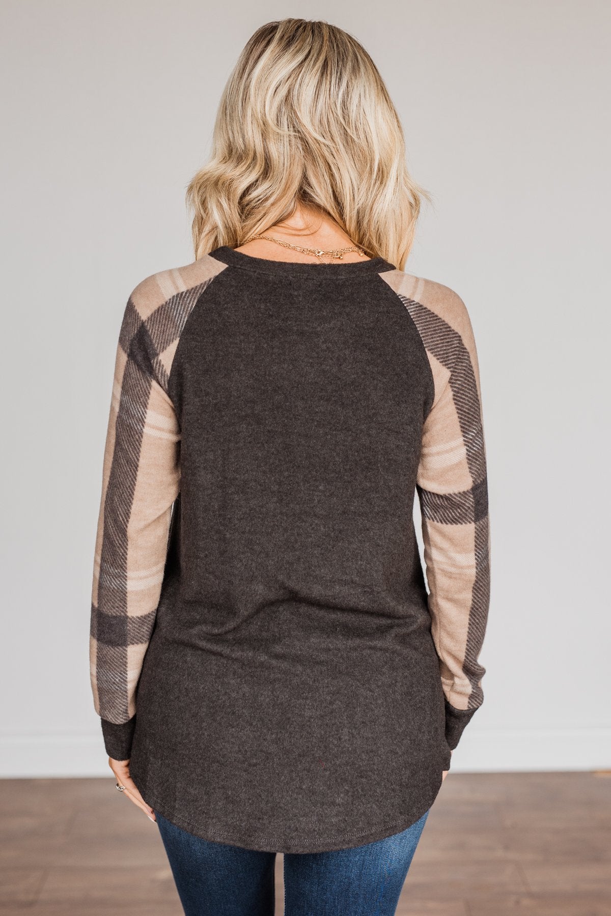 Late Nights In Plaid Pocket Top- Taupe & Charcoal