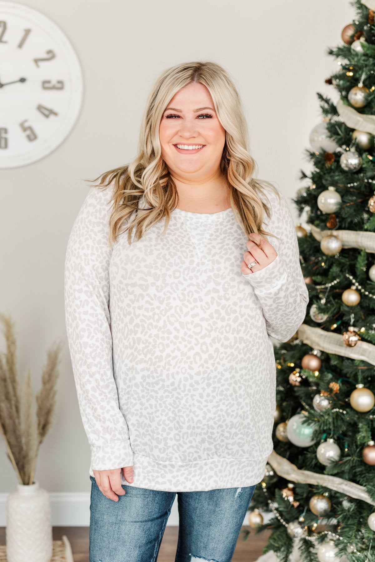 Just Go With It Long Sleeve Leopard Top- Off White & Silver