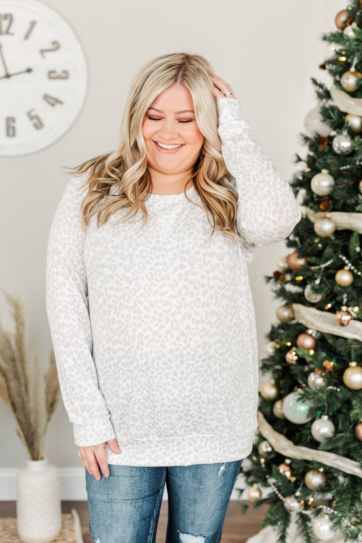 Just Go With It Long Sleeve Leopard Top- Off White & Silver