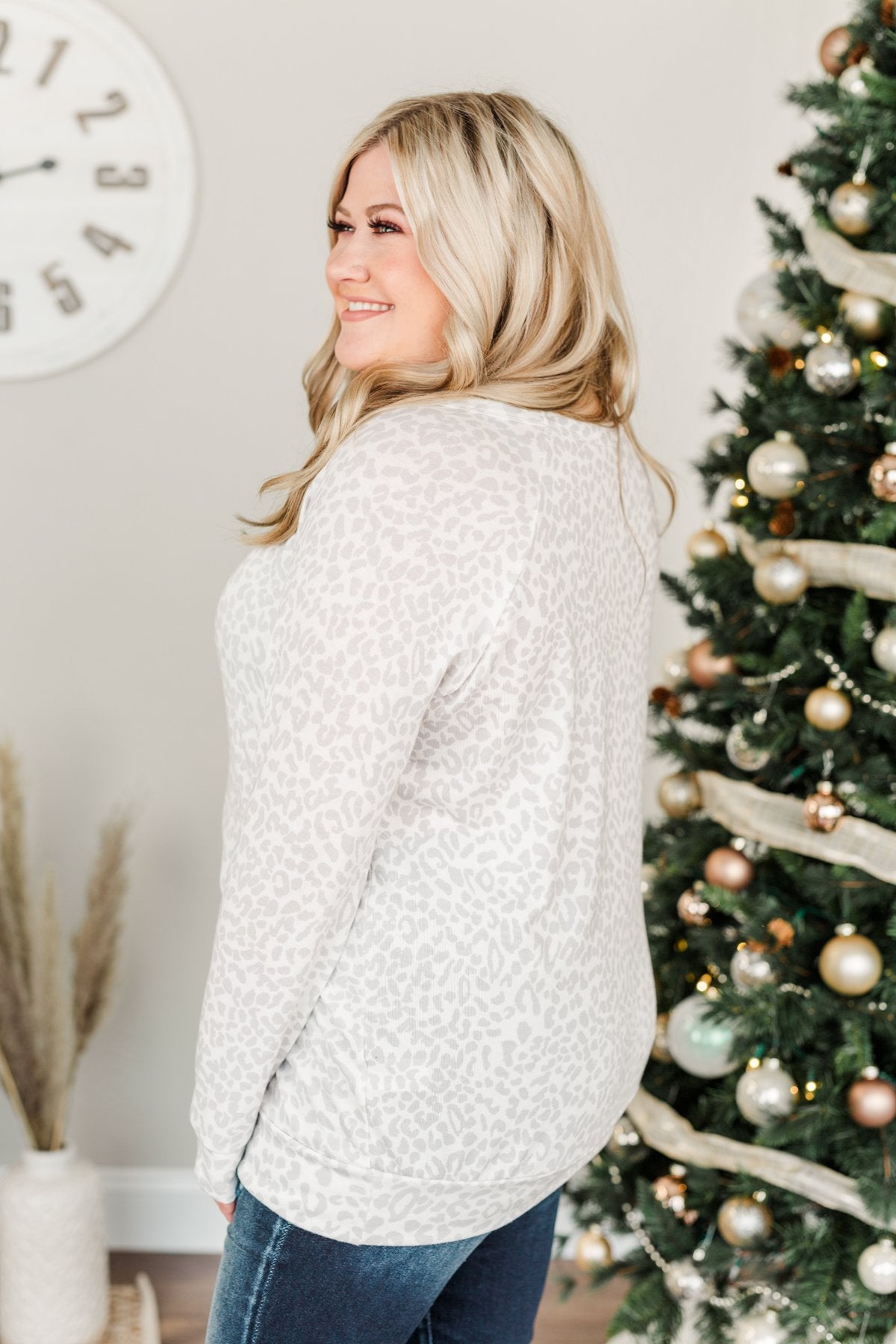 Just Go With It Long Sleeve Leopard Top- Off White & Silver
