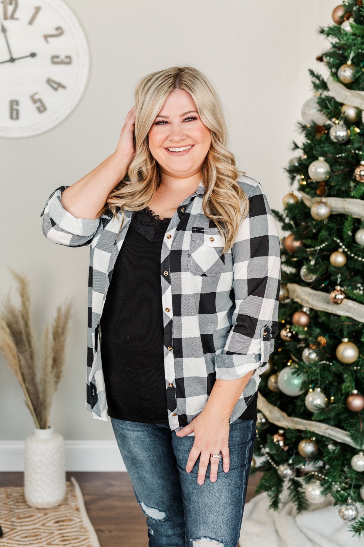Fall Into The Night Plaid Button Top- Black & White