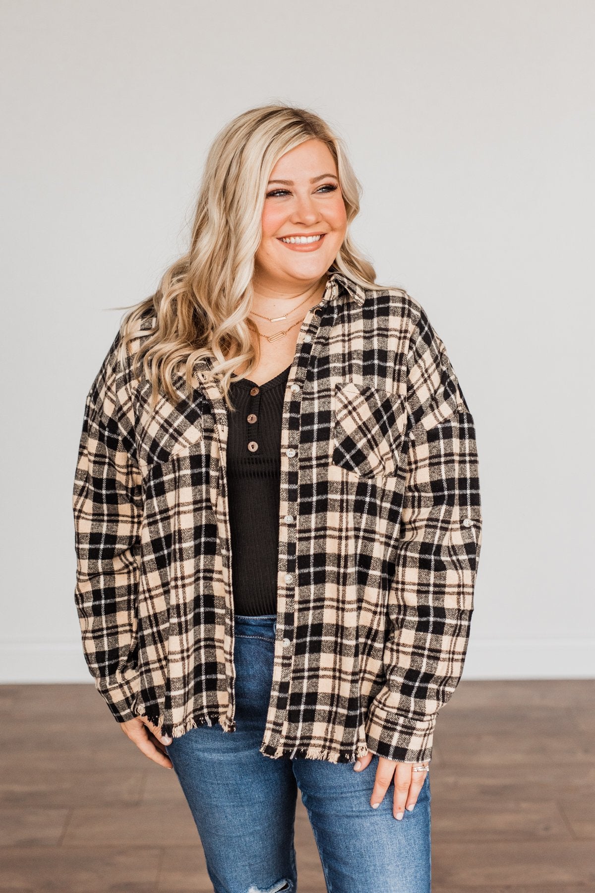 Staying In Love Frayed Flannel- Black & Beige