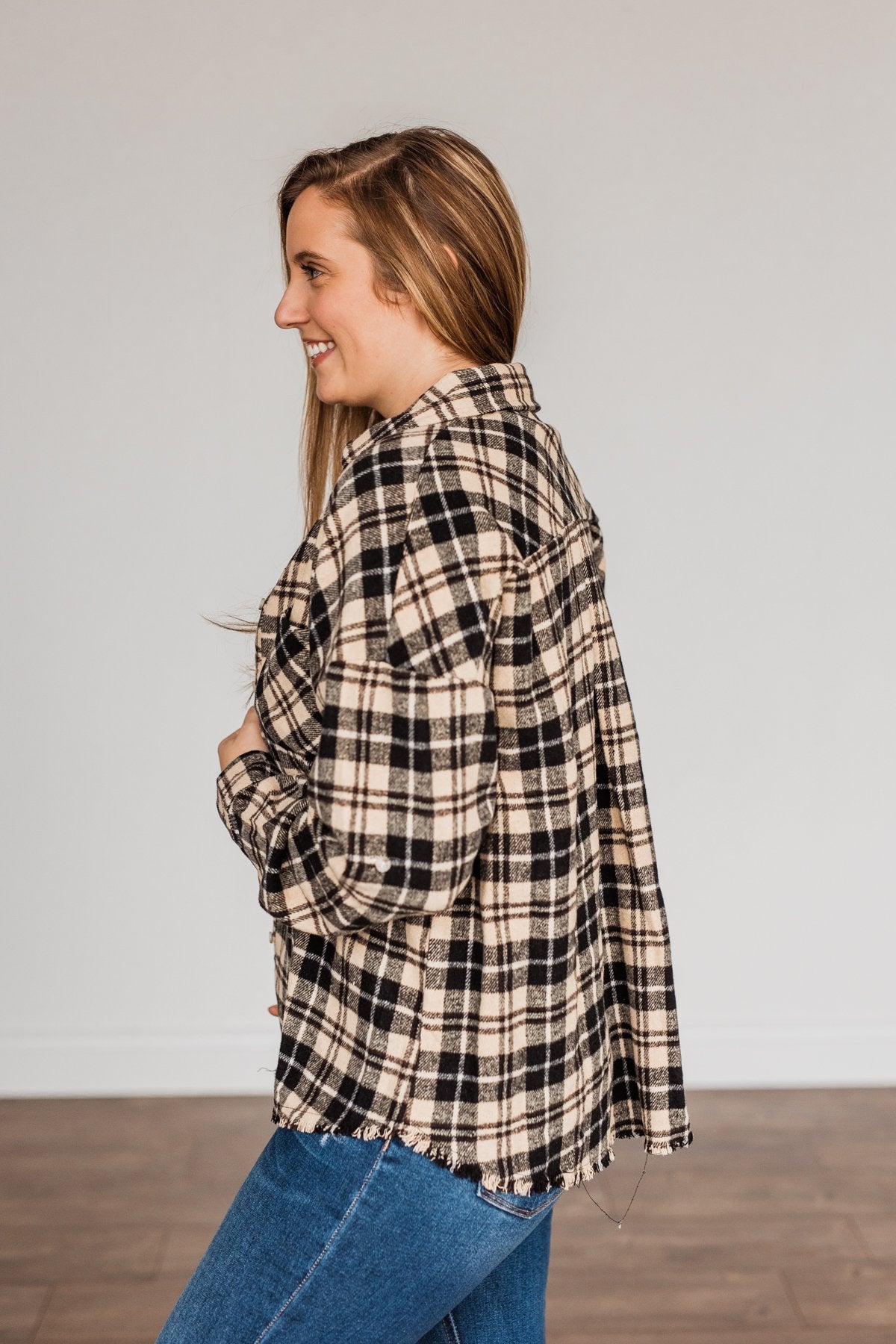 Staying In Love Frayed Flannel- Black & Beige