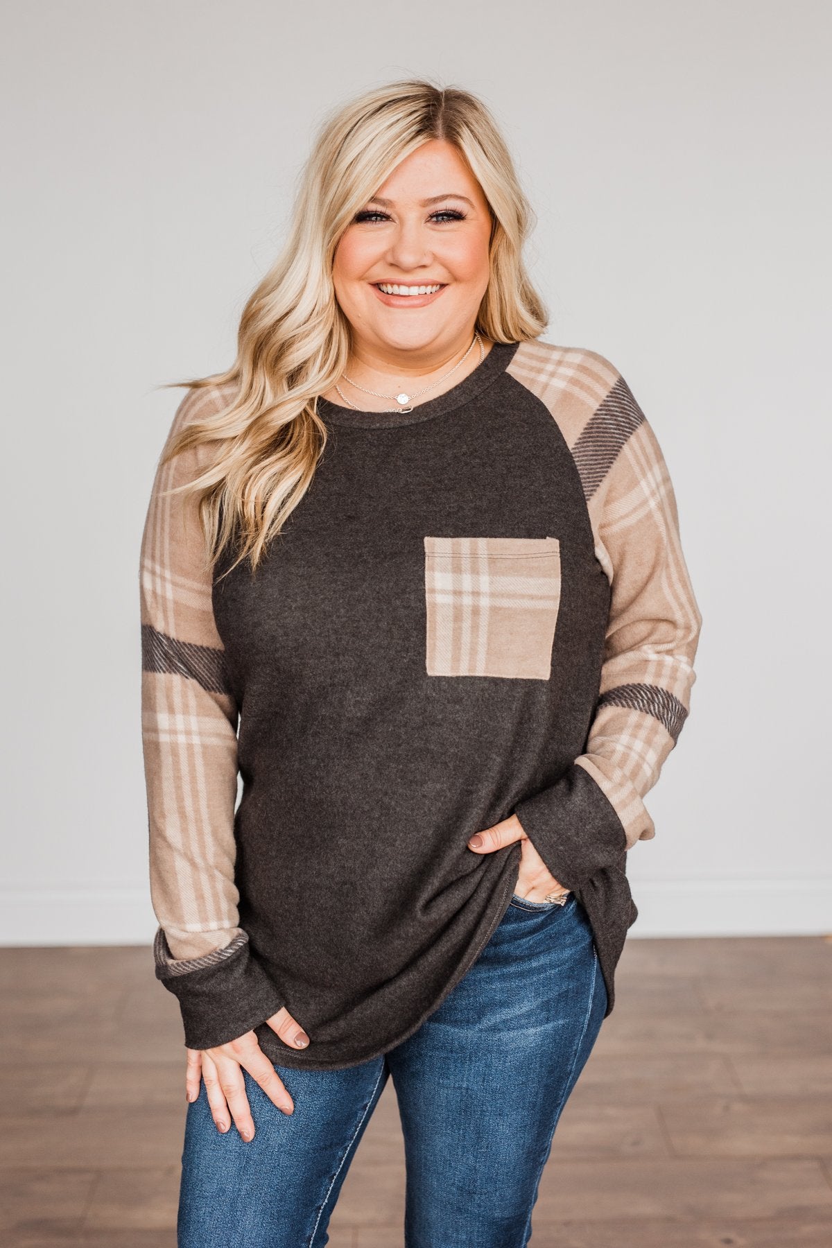 Late Nights In Plaid Pocket Top- Taupe & Charcoal
