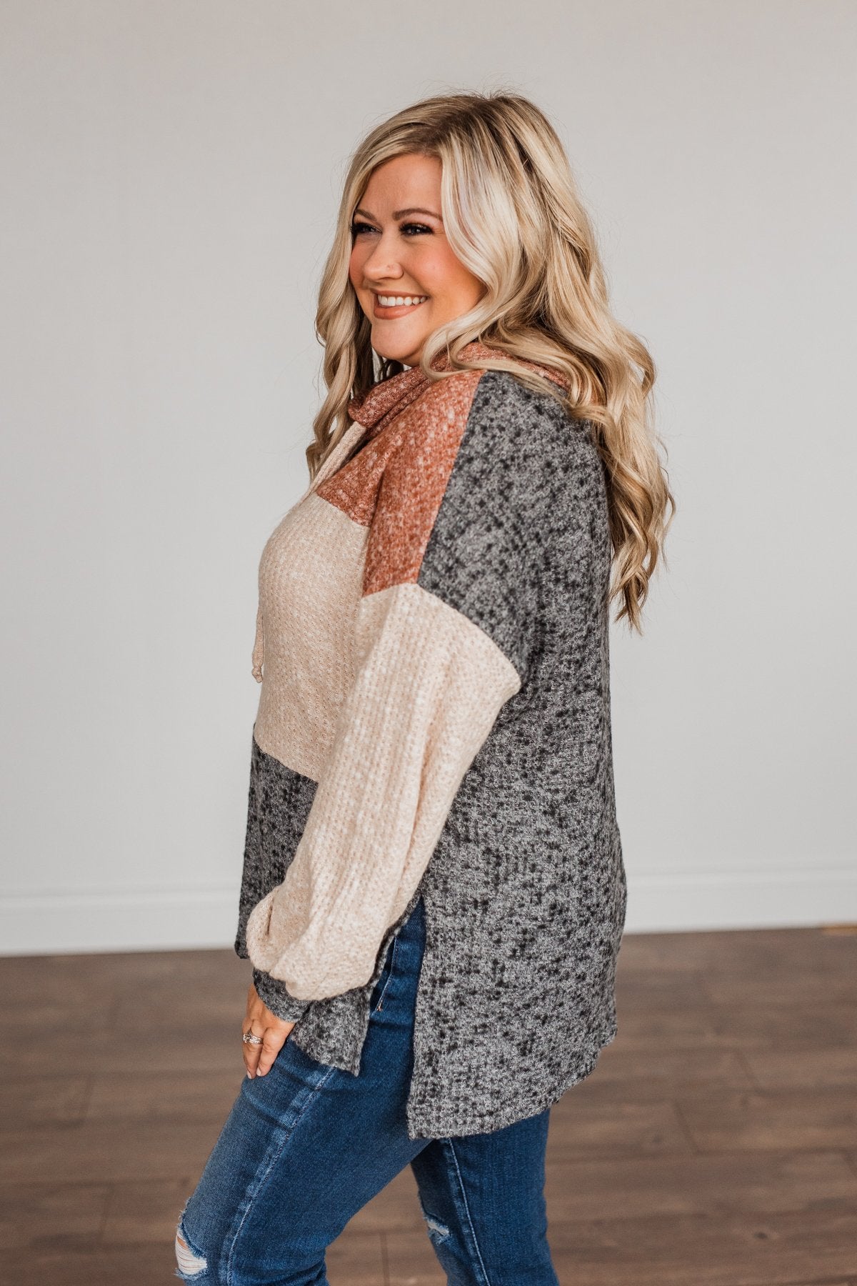 Flawless Looks Cowl Neck Top- Rust, Beige & Charcoal