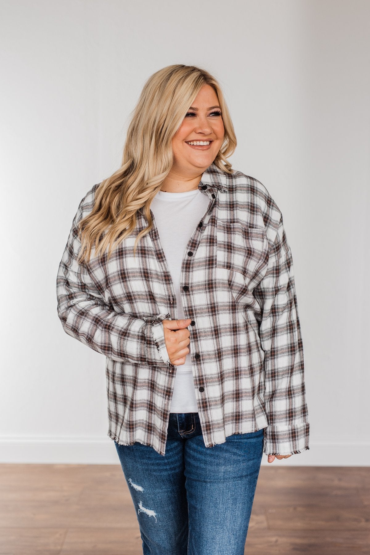 Catching Snowflakes Button Plaid Top- Ivory