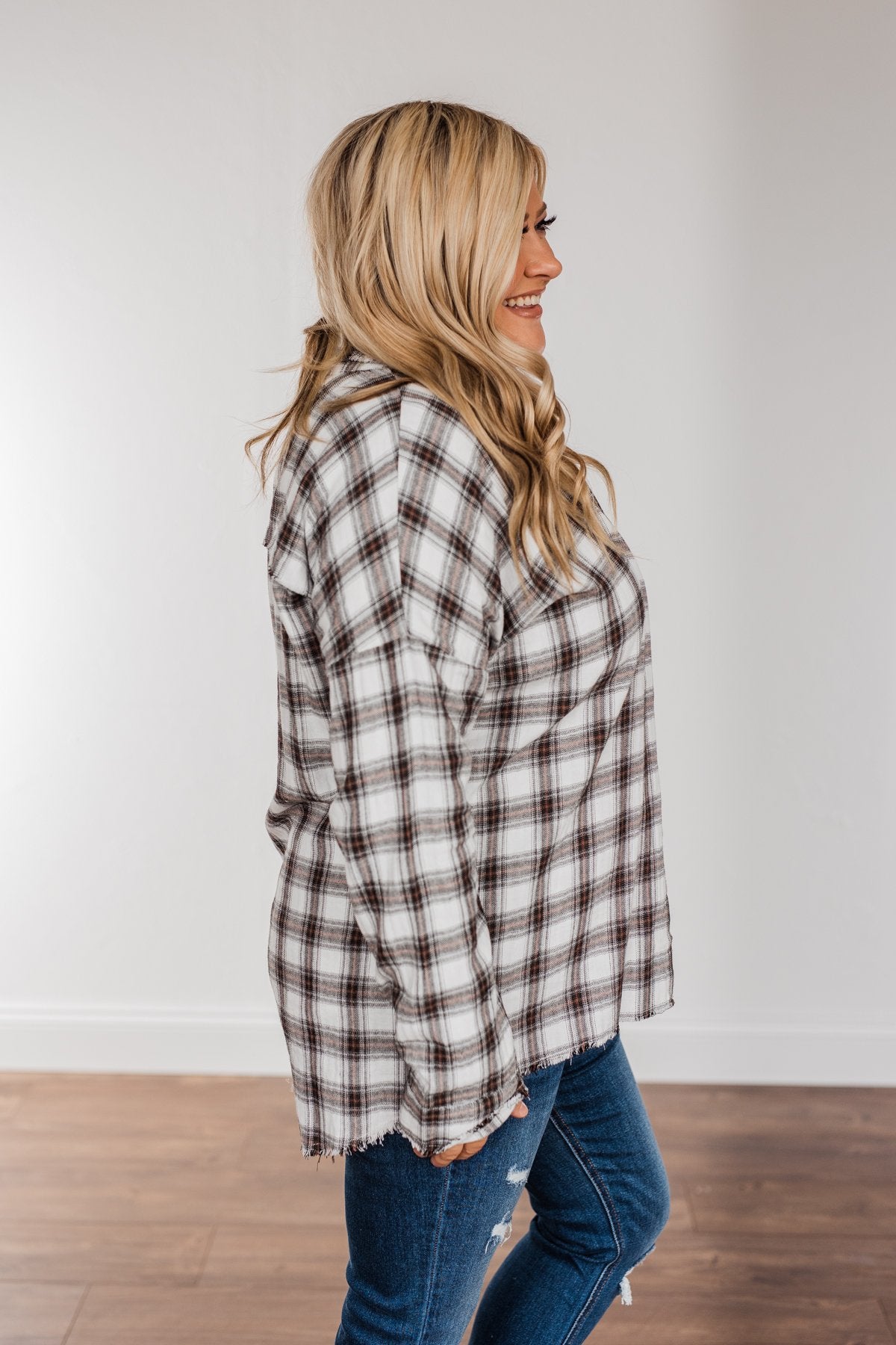 Catching Snowflakes Button Plaid Top- Ivory