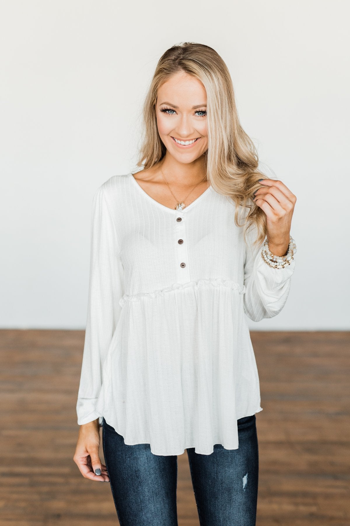 Buttoned Up Beauty Knit Babydoll Top- Off White