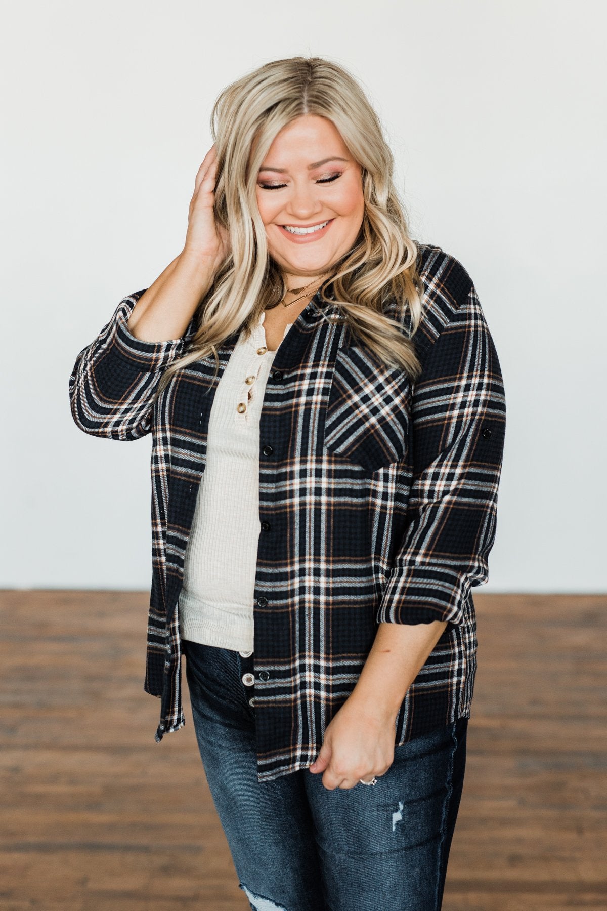 Made Up My Mind Plaid Button Top- Navy & Camel