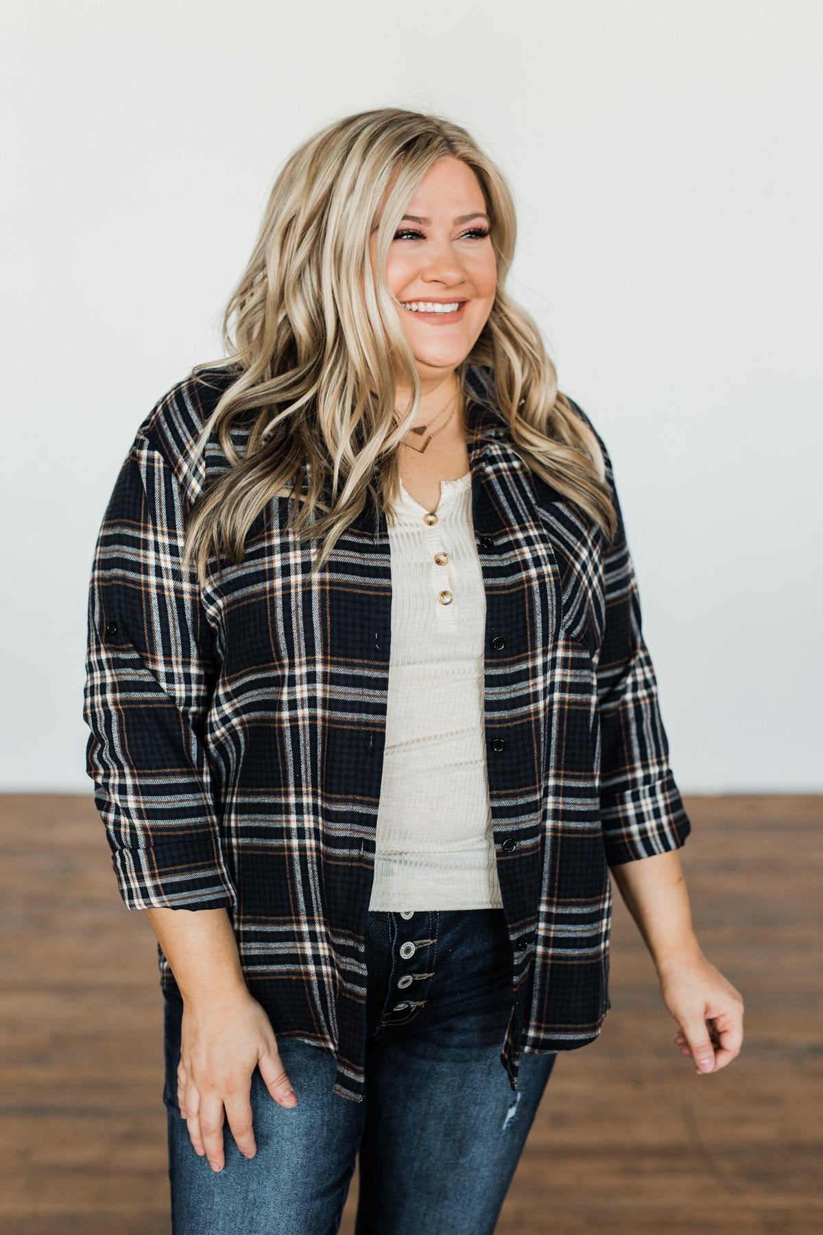 Made Up My Mind Plaid Button Top- Navy & Camel
