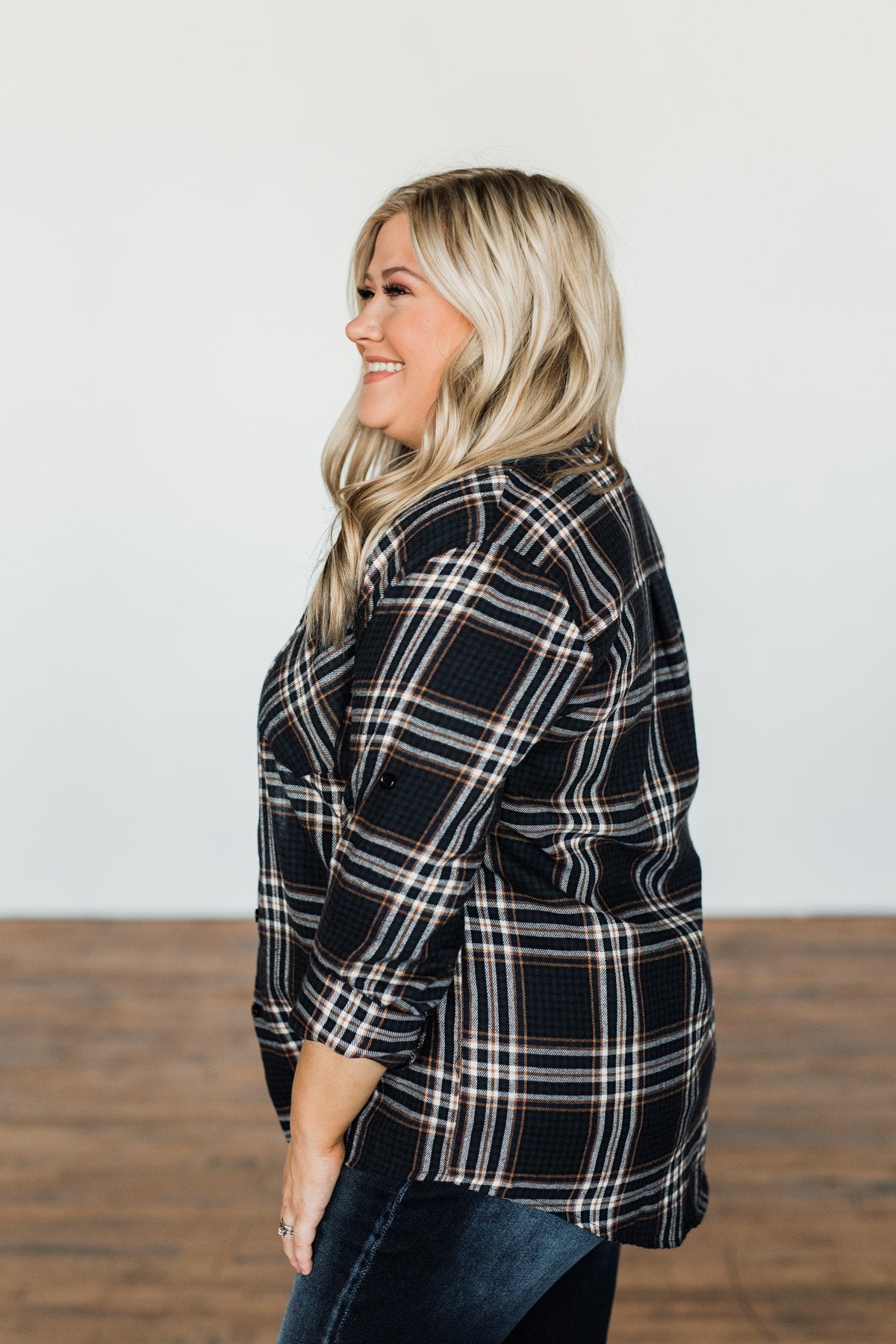 Made Up My Mind Plaid Button Top- Navy & Camel