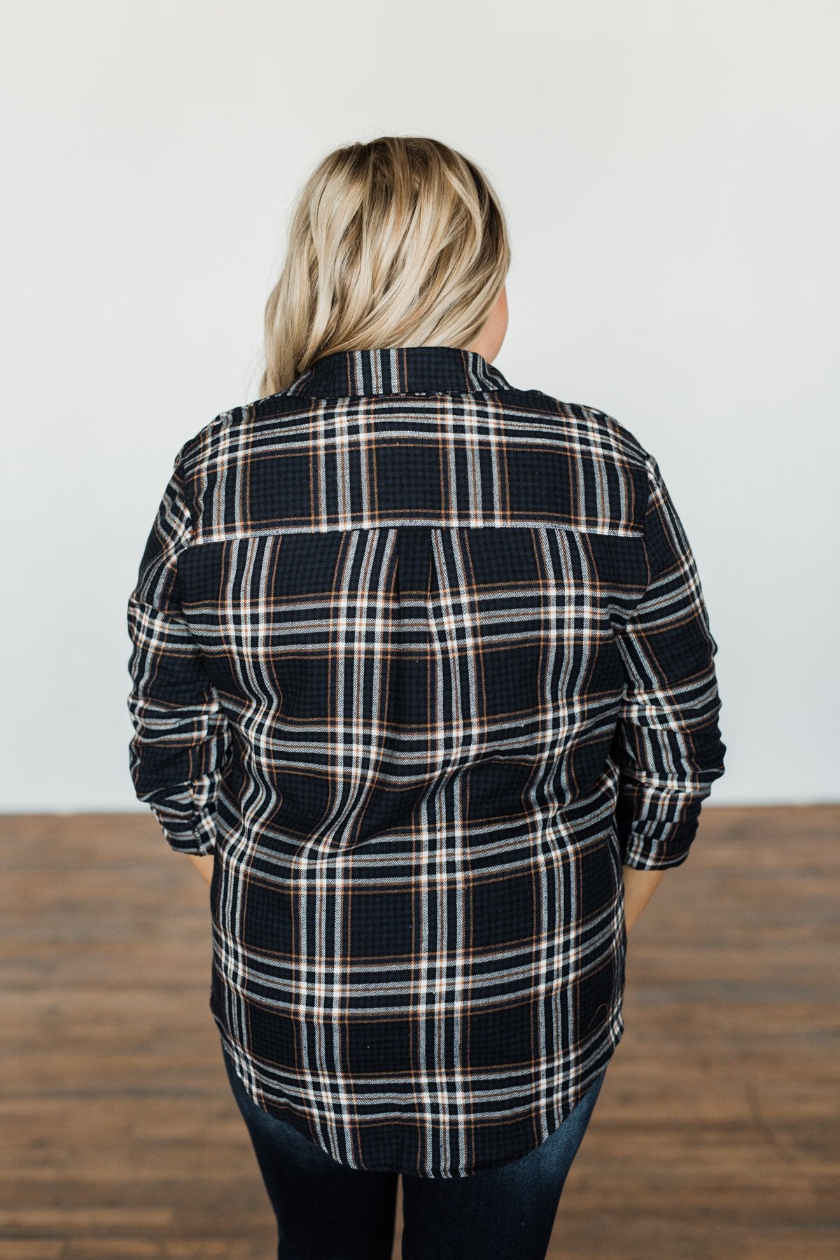 Made Up My Mind Plaid Button Top- Navy & Camel