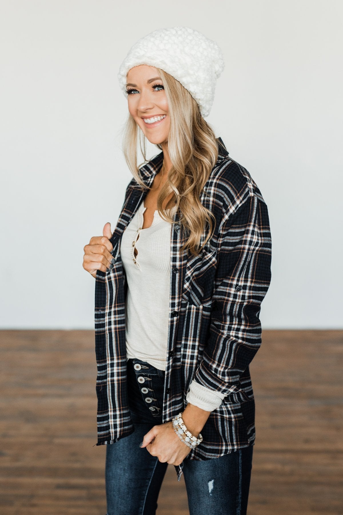 Made Up My Mind Plaid Button Top- Navy & Camel