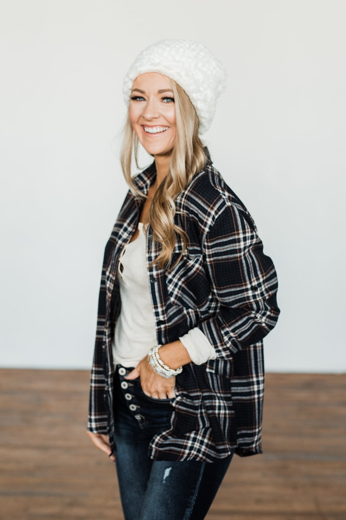 Made Up My Mind Plaid Button Top- Navy & Camel