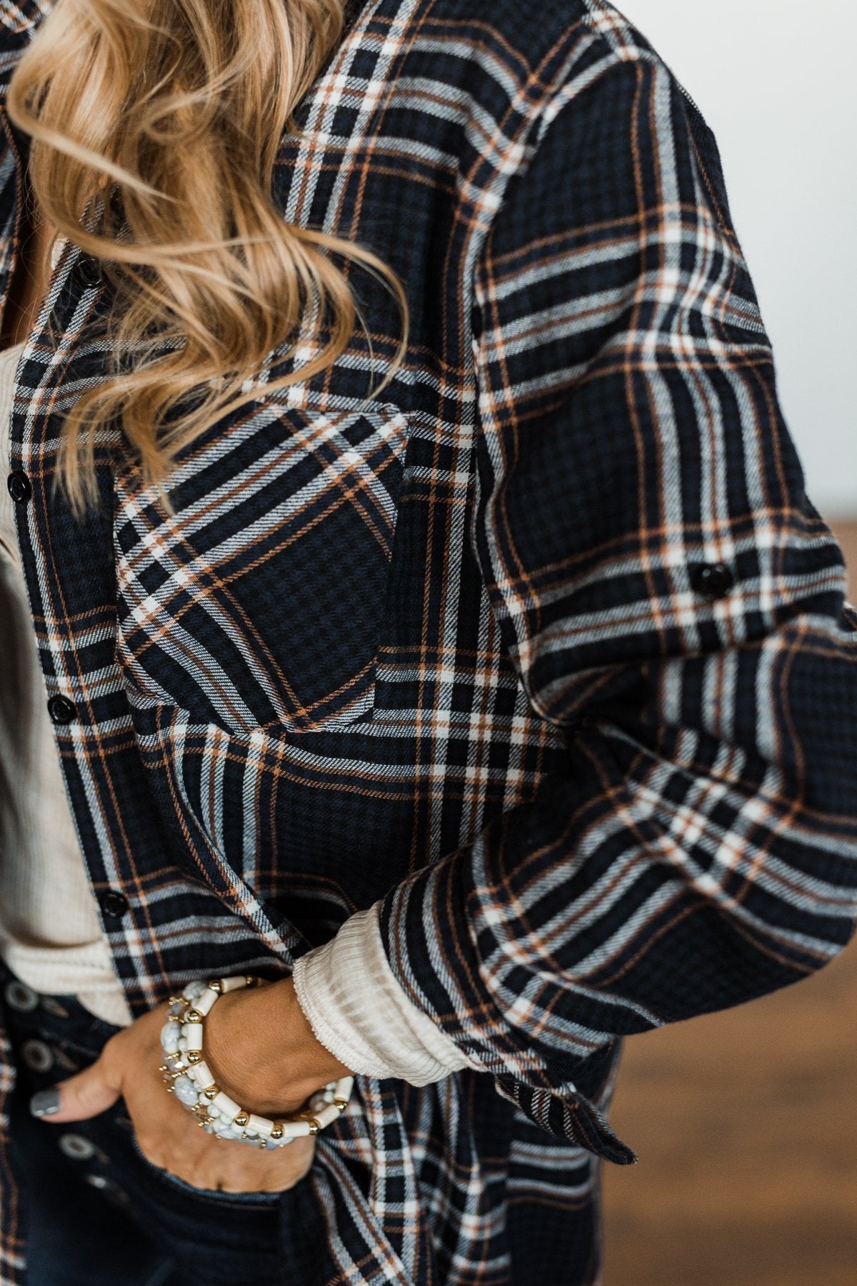 Made Up My Mind Plaid Button Top- Navy & Camel